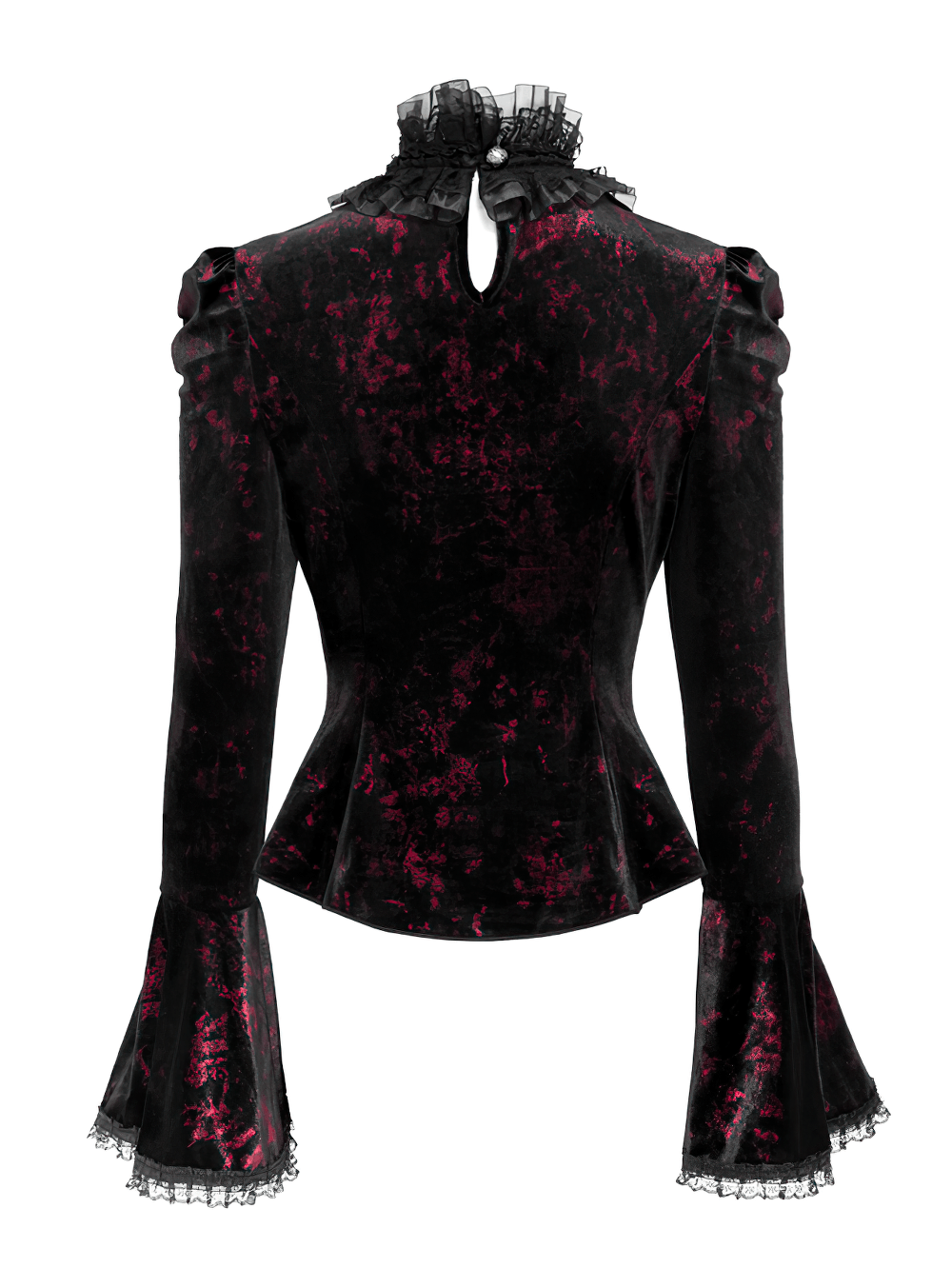 Victorian Burgundy Velvet Lace-Up Bell Sleeve Top gothic black and burgundy blouse with ruffle collar and flared sleeves