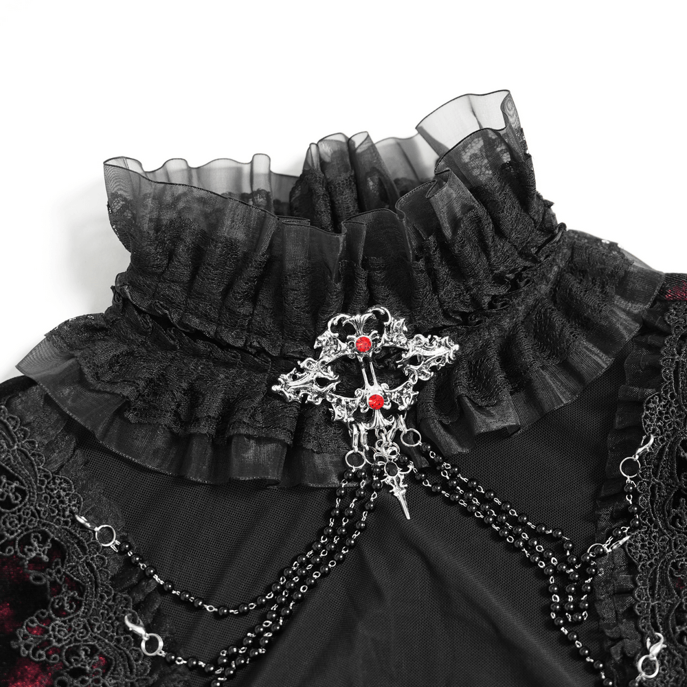 Victorian Burgundy Velvet Lace-Up Bell Sleeve Top black gothic blouse with ruffle collar, cross brooch and chains
