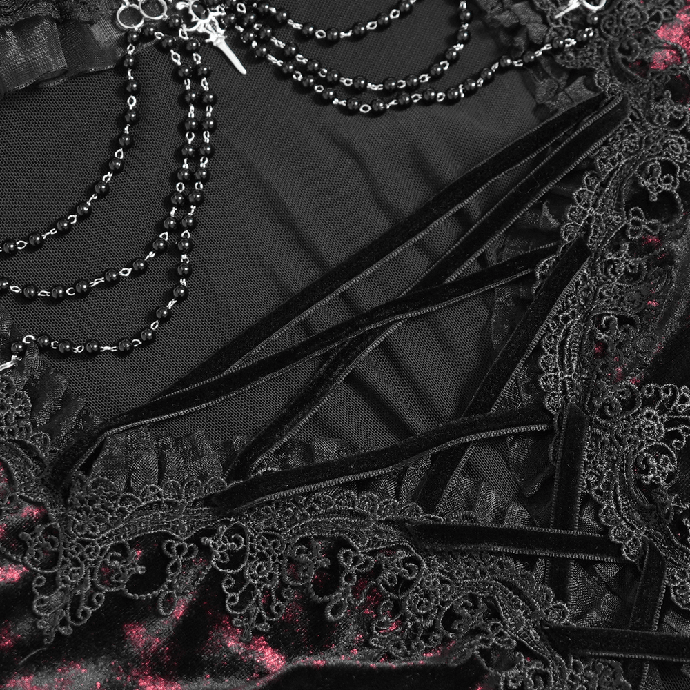 Victorian Burgundy Velvet Lace-Up Bell Sleeve Top black gothic blouse with lace, chains, and ruffle collar detail