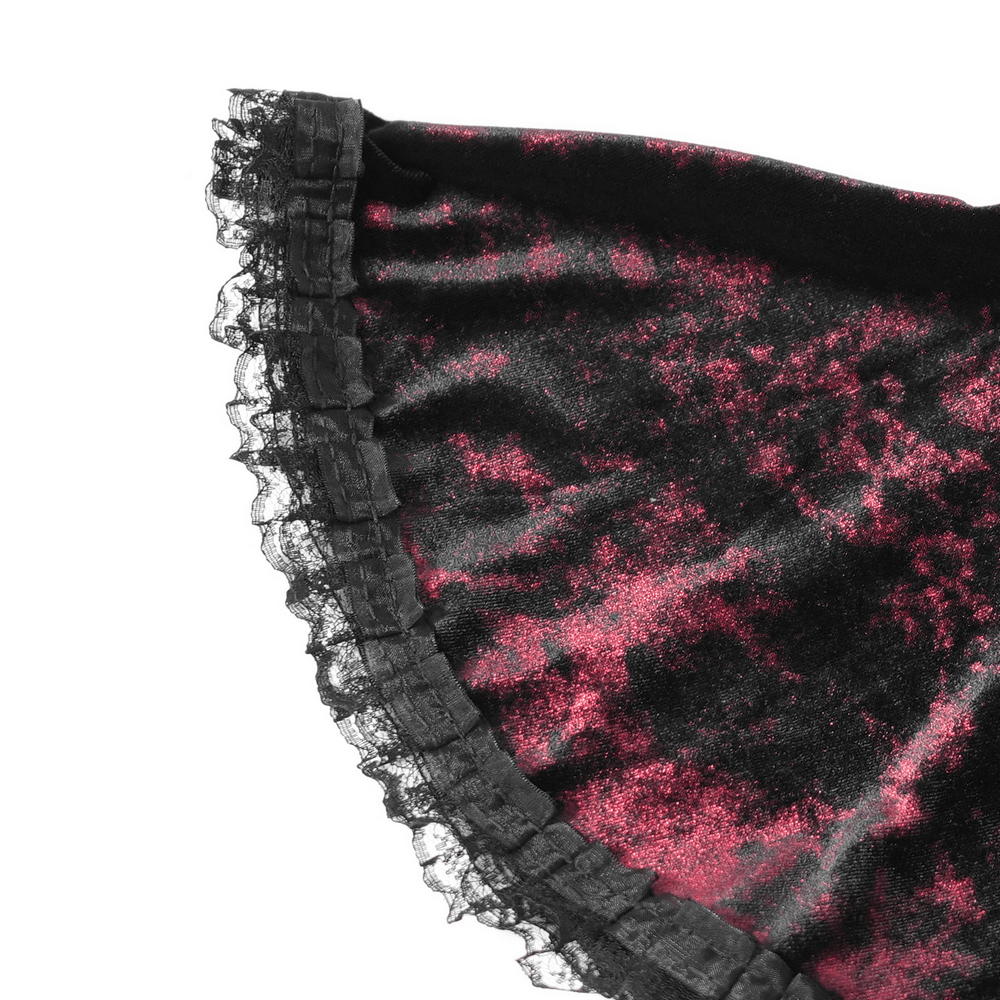 Victorian Burgundy Velvet Lace-Up Bell Sleeve Top, black and burgundy velvet with lace trim and dramatic ruffled gothic detail