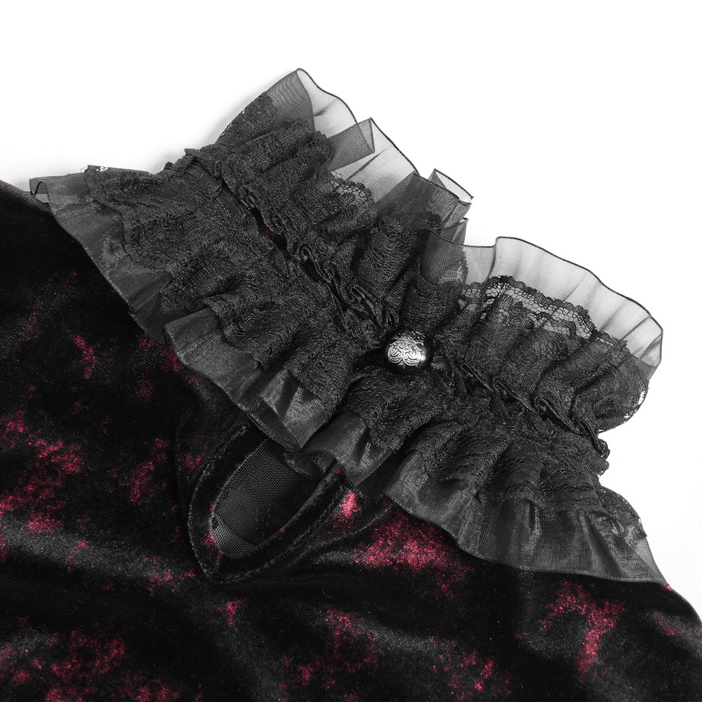 Victorian Burgundy Velvet Lace-Up Bell Sleeve Top with ruffled lace collar, black velvet, and silver brooch