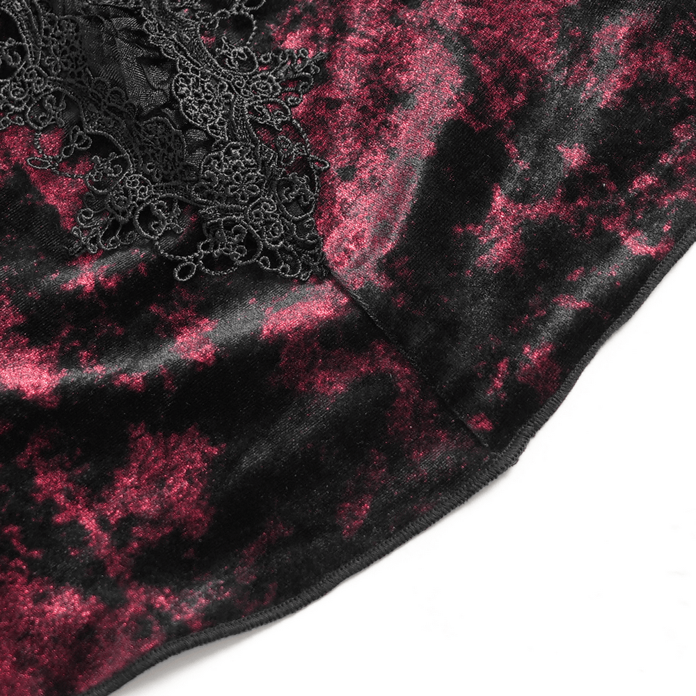Victorian Burgundy Velvet Lace-Up Bell Sleeve Top, black lace detail and burgundy velvet goth blouse