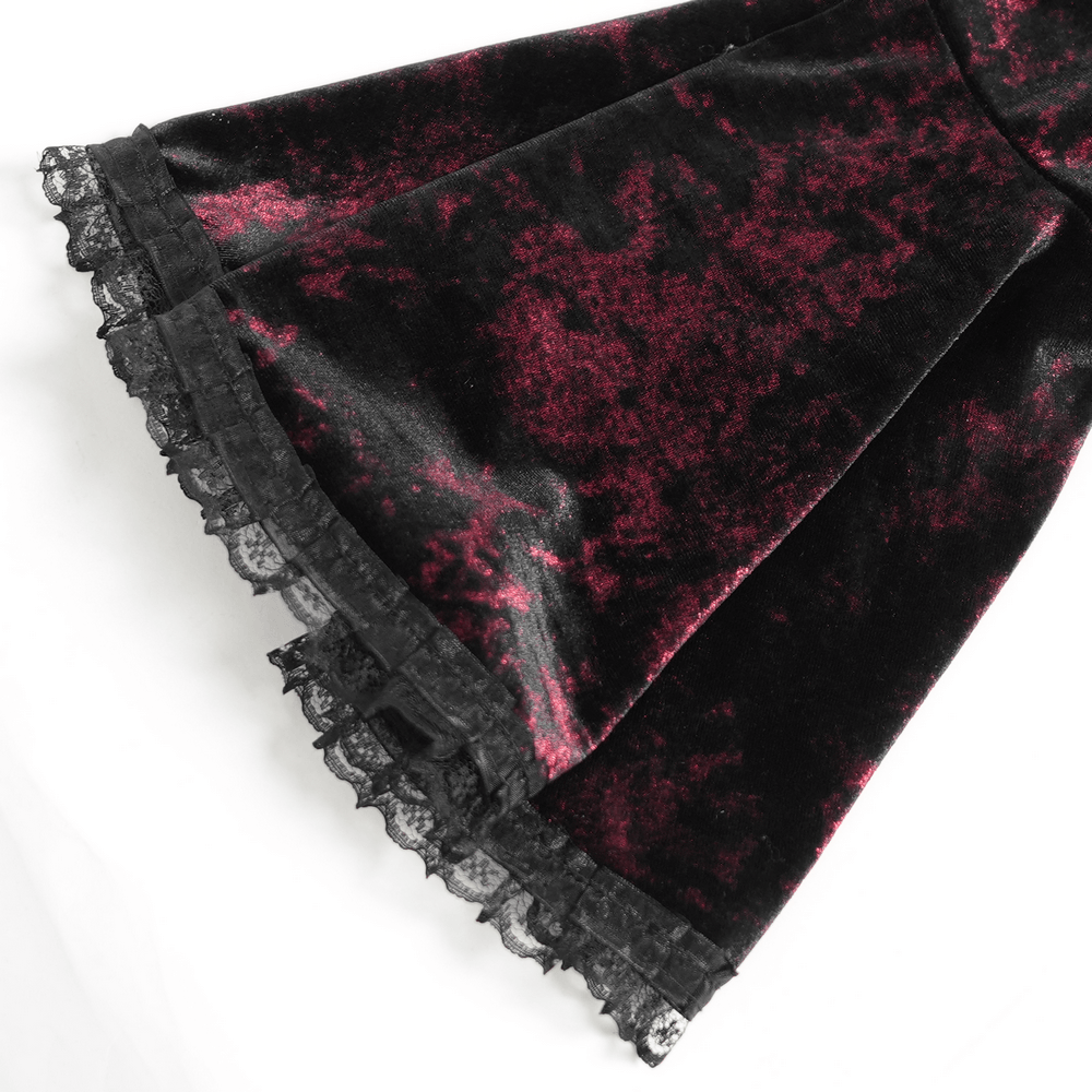 Victorian Burgundy Velvet Lace-Up Bell Sleeve Top with black lace trim and dramatic vampire goth flair