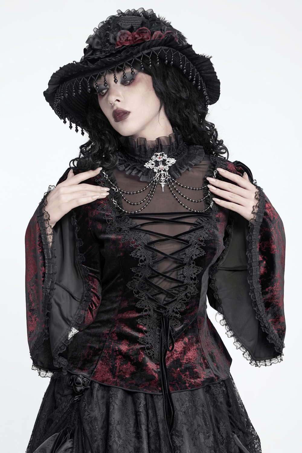 Victorian Burgundy Velvet Lace-Up Bell Sleeve Top gothic vampire blouse with lace, chains and ruffled collar