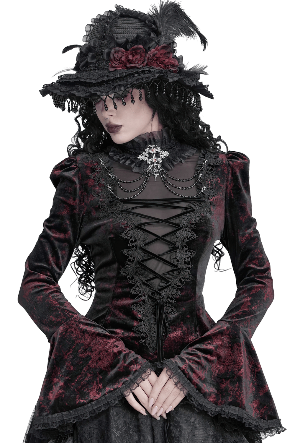 Victorian Burgundy Velvet Lace-Up Bell Sleeve Top goth blouse with corset front, lace, and dramatic sleeves