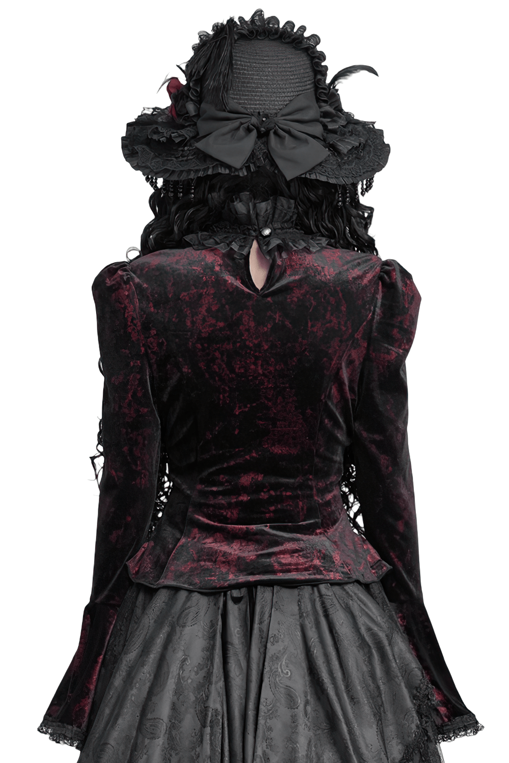 Victorian Burgundy Velvet Lace-Up Bell Sleeve Top, black and burgundy gothic blouse with ruffle collar and chains
