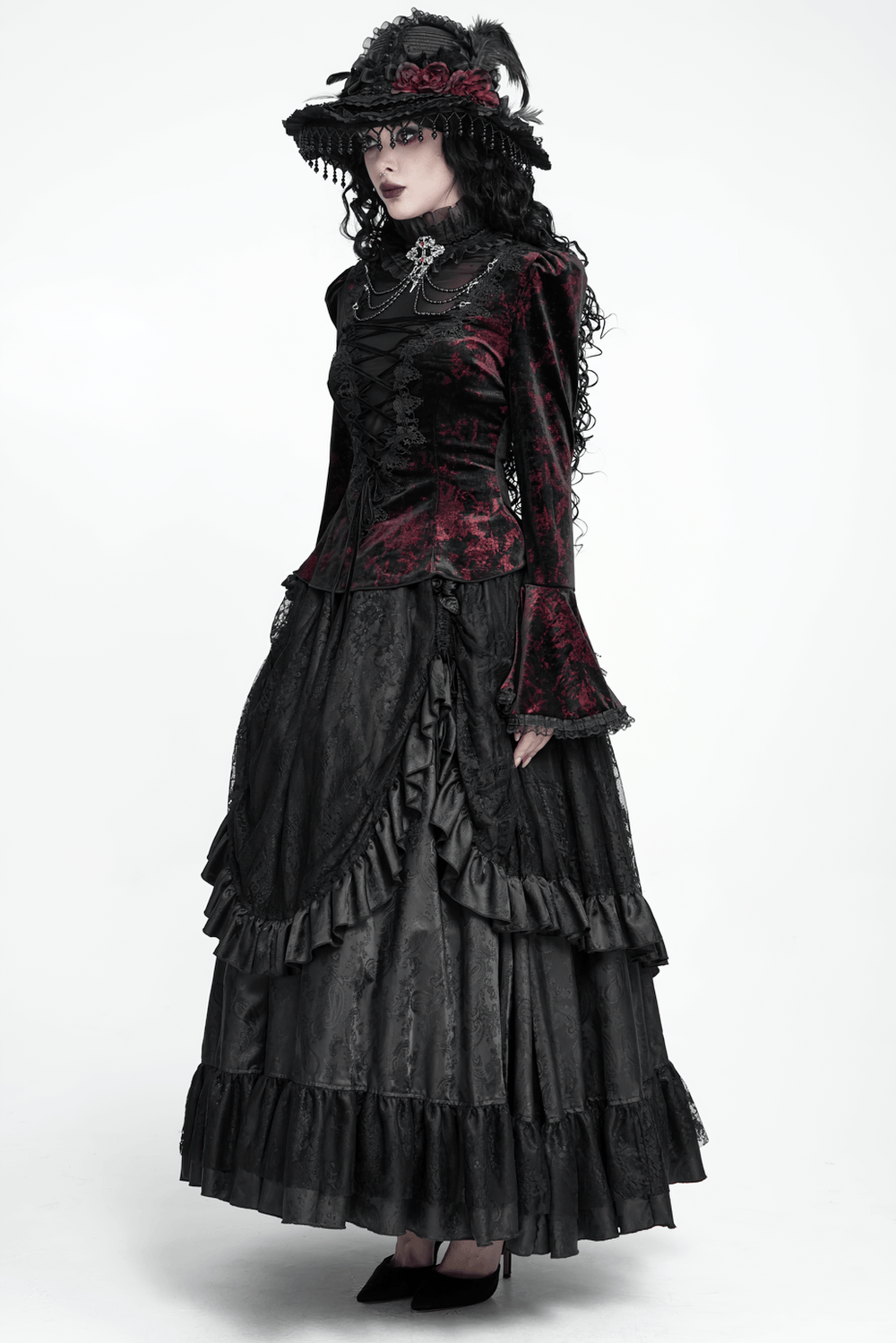 Victorian Burgundy Velvet Lace-Up Bell Sleeve Top, romantic black and burgundy gothic blouse with lace-up front and chains