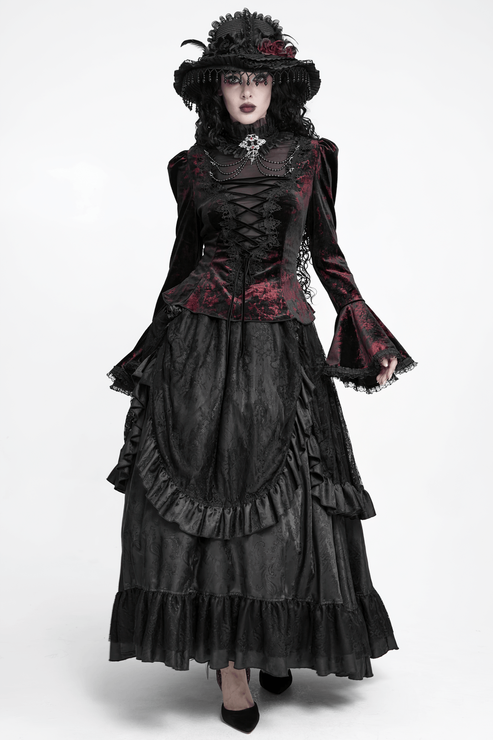 Victorian Burgundy Velvet Lace-Up Bell Sleeve Top, romantic black and burgundy gothic blouse with dramatic flared sleeves