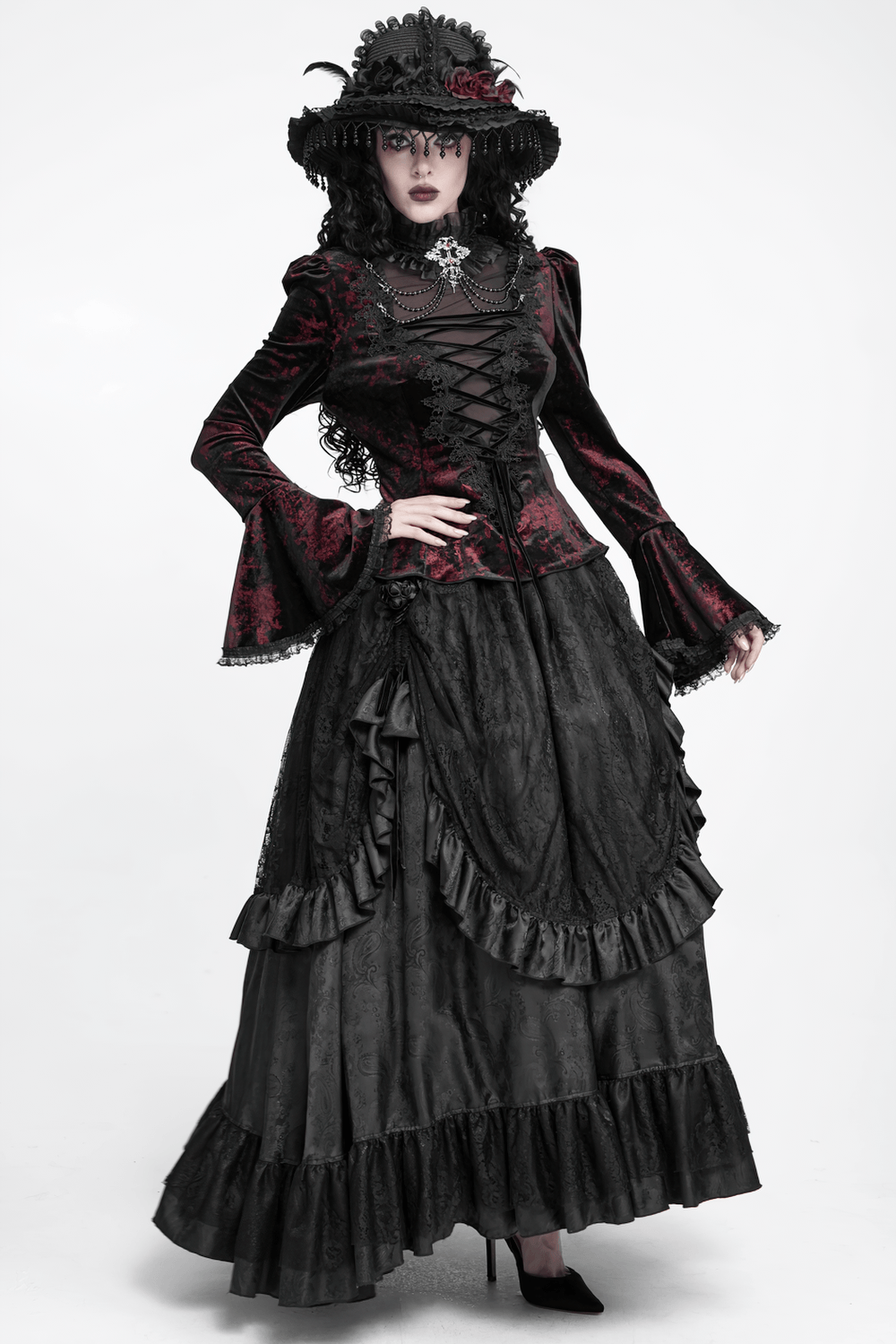 Victorian Burgundy Velvet Lace-Up Bell Sleeve Top, gothic vampire blouse with lace-up front, ruffle collar and chains
