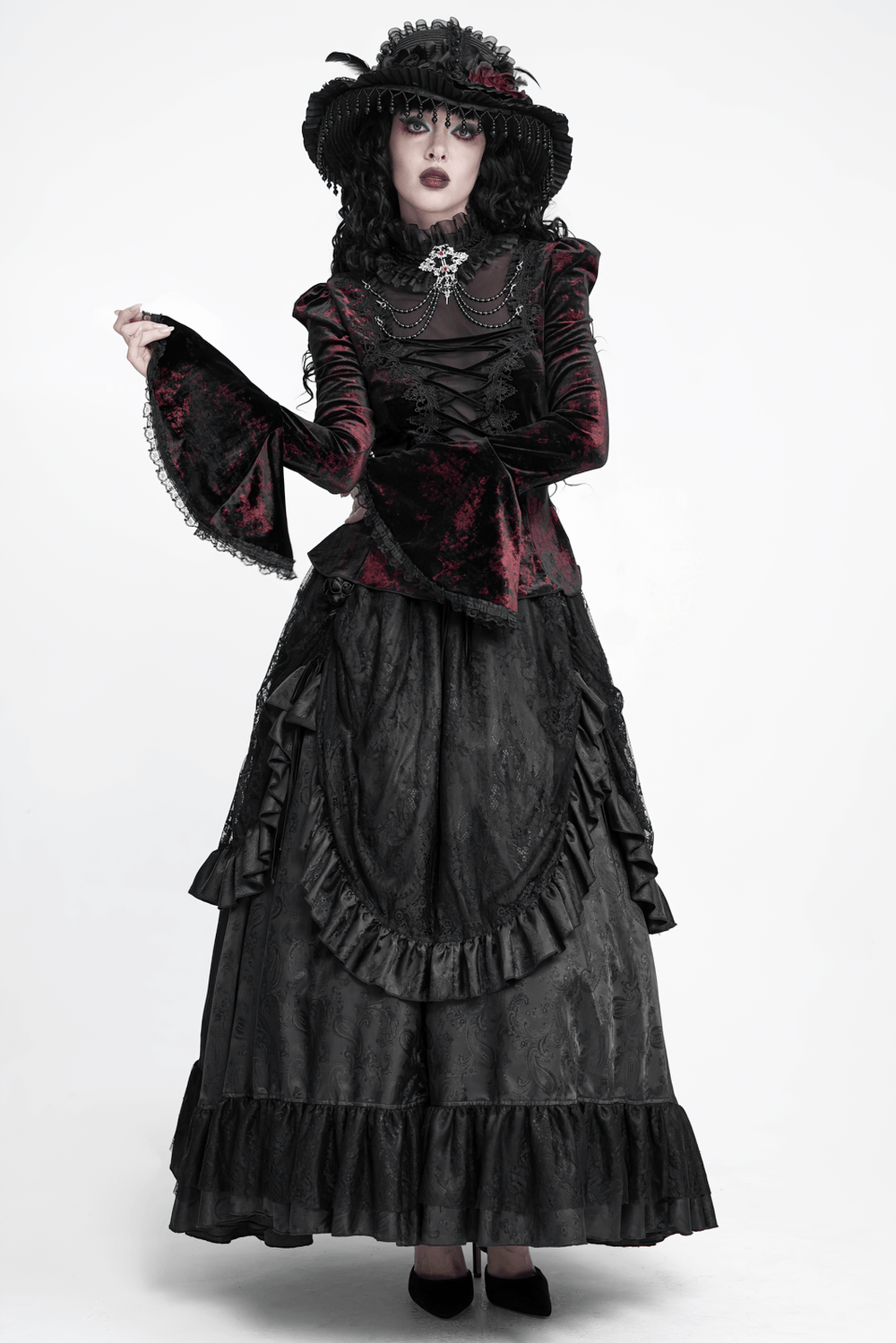 Victorian Burgundy Velvet Lace-Up Bell Sleeve Top gothic blouse with lace collar, chains, and dramatic vampire style