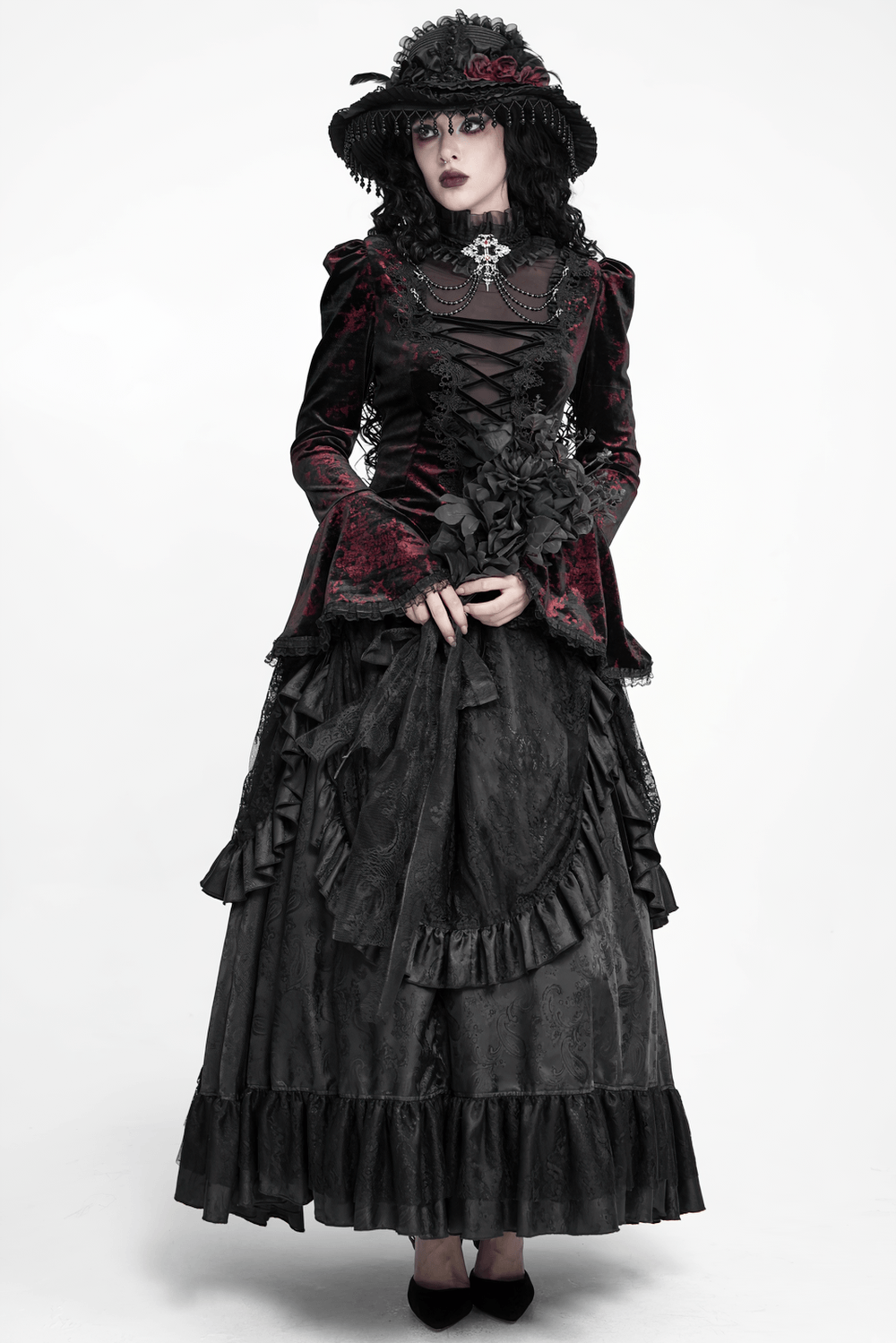 Victorian Burgundy Velvet Lace-Up Bell Sleeve Top, romantic vampire goth blouse with ruffle collar, chains, and lace-up front