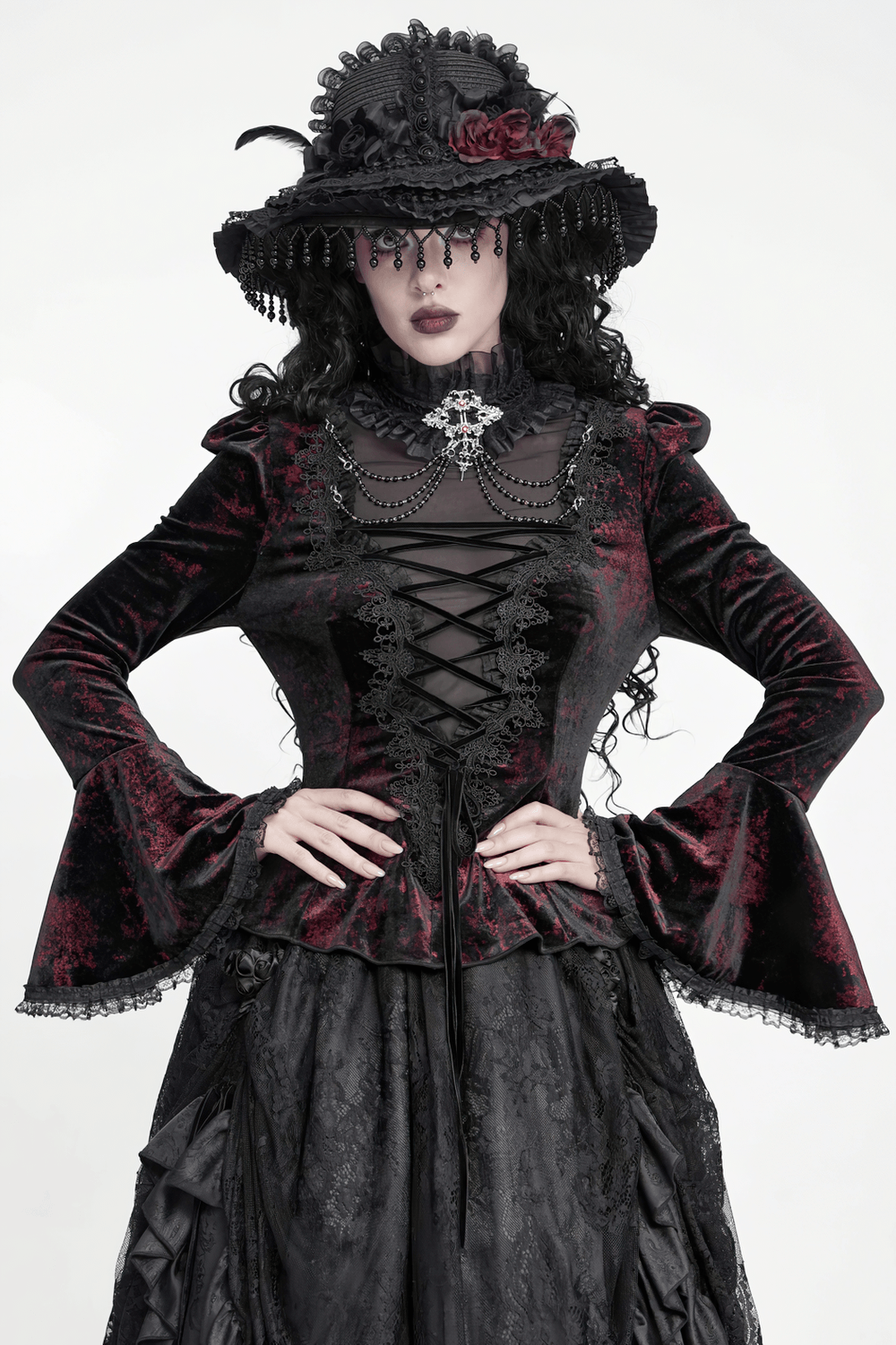 Victorian Burgundy Velvet Lace-Up Bell Sleeve Top black burgundy gothic blouse with lace-up front, ruffle collar and chains