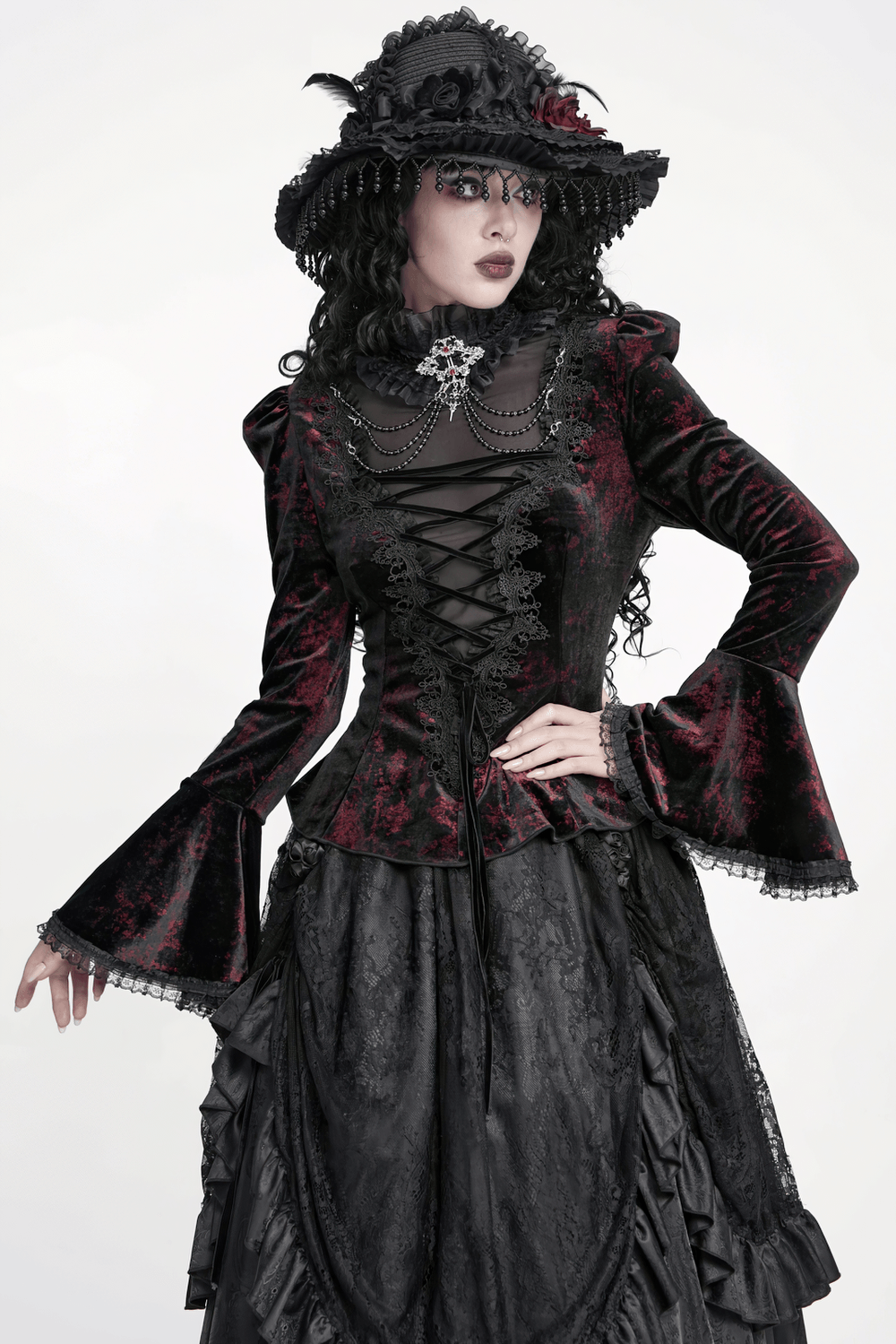 Victorian Burgundy Velvet Lace-Up Bell Sleeve Top gothic vampire blouse with ruffled collar and chains