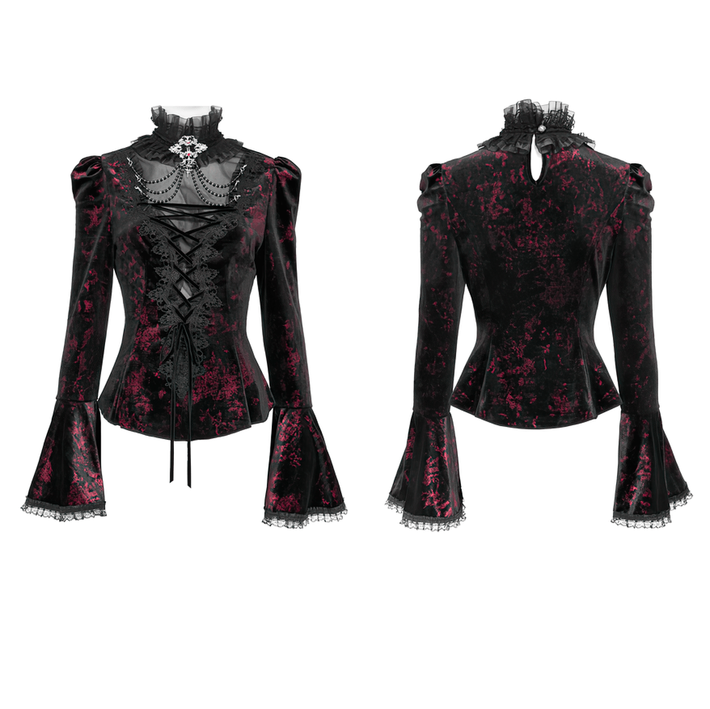 Victorian Burgundy Velvet Lace-Up Bell Sleeve Top in black-burgundy velvet, lace-up front, ruffle collar, chains, and flared sleeves