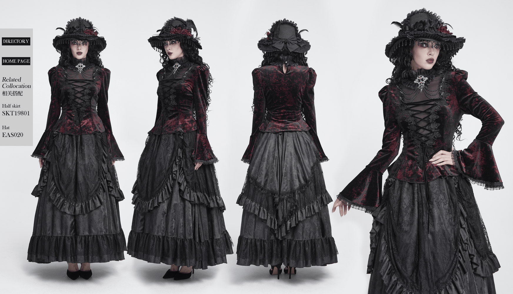 Victorian Burgundy Velvet Lace-Up Bell Sleeve Top gothic blouse with ruffle collar, chains, and corset detail