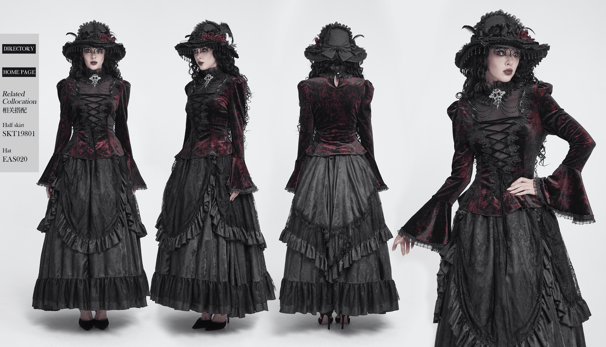 Victorian Burgundy Velvet Lace-Up Bell Sleeve Top gothic blouse with ruffle collar, chains, and corset detail