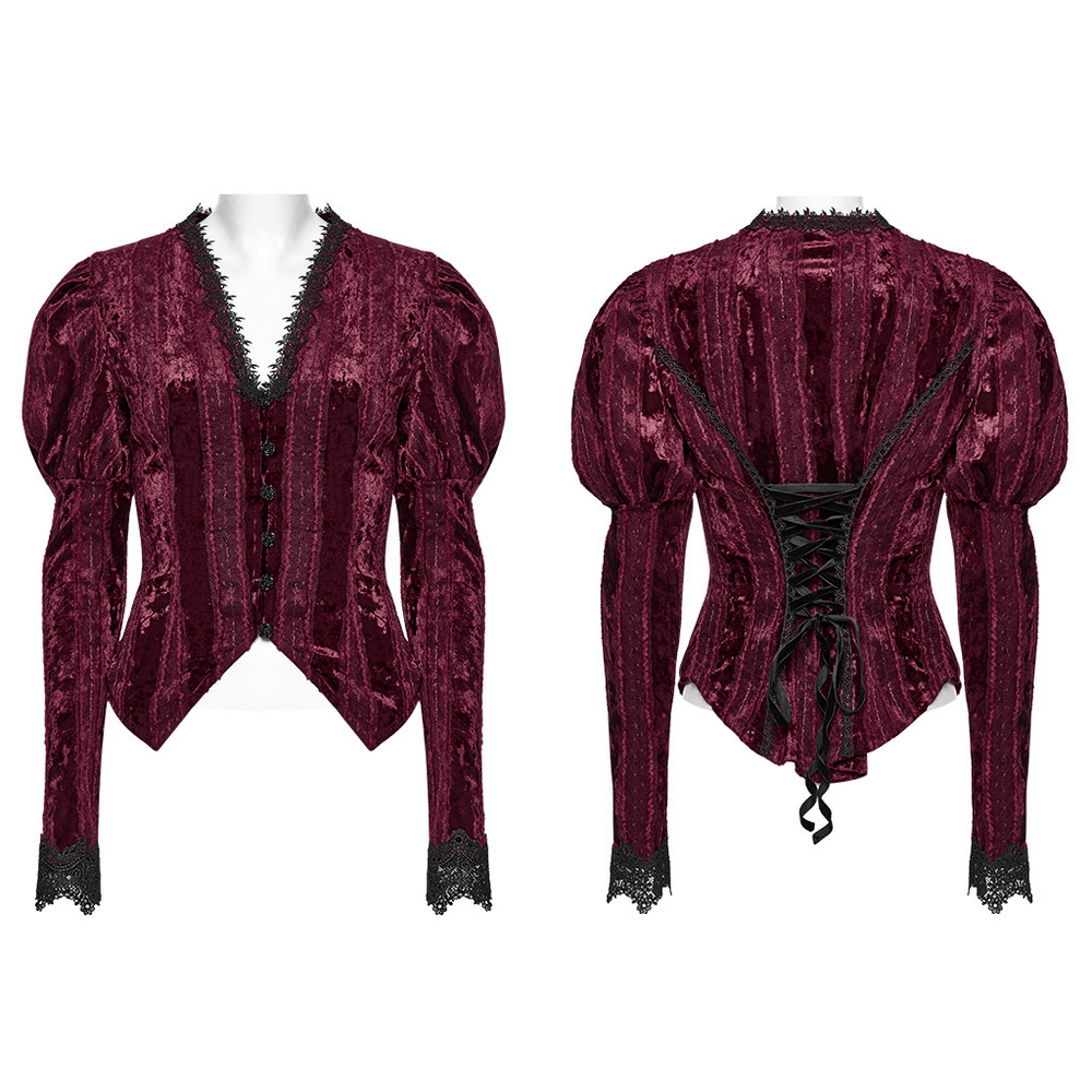 Victorian burgundy velvet shirt with gigot sleeves and lace trimming, featuring gothic back lacing for a vintage look.
