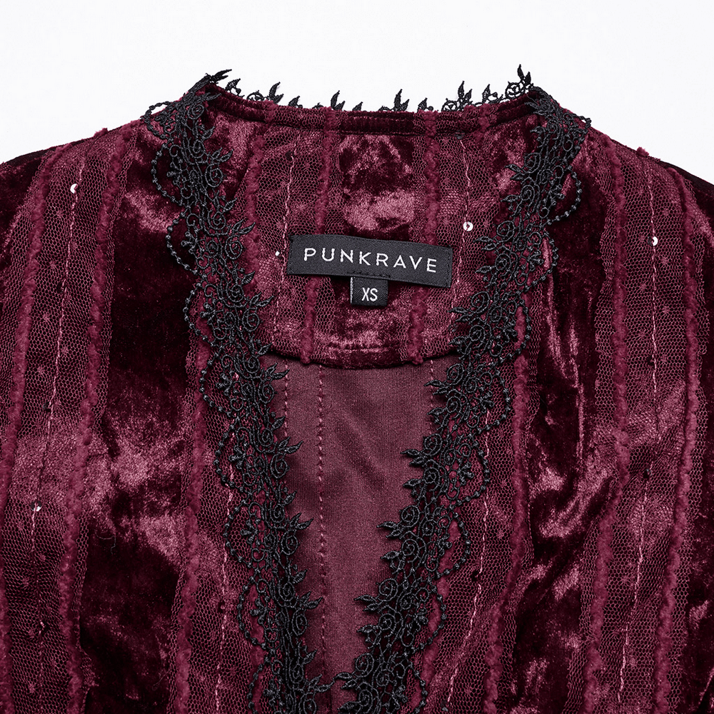 Victorian burgundy velvet shirt collar with lace trim and label, featuring gothic elegance and vintage charm.