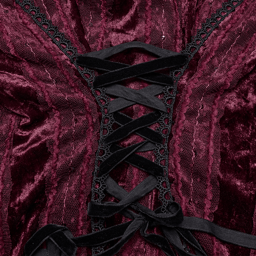 Close-up of Victorian burgundy velvet shirt's lace-up back with elegant black velvet ribbons.