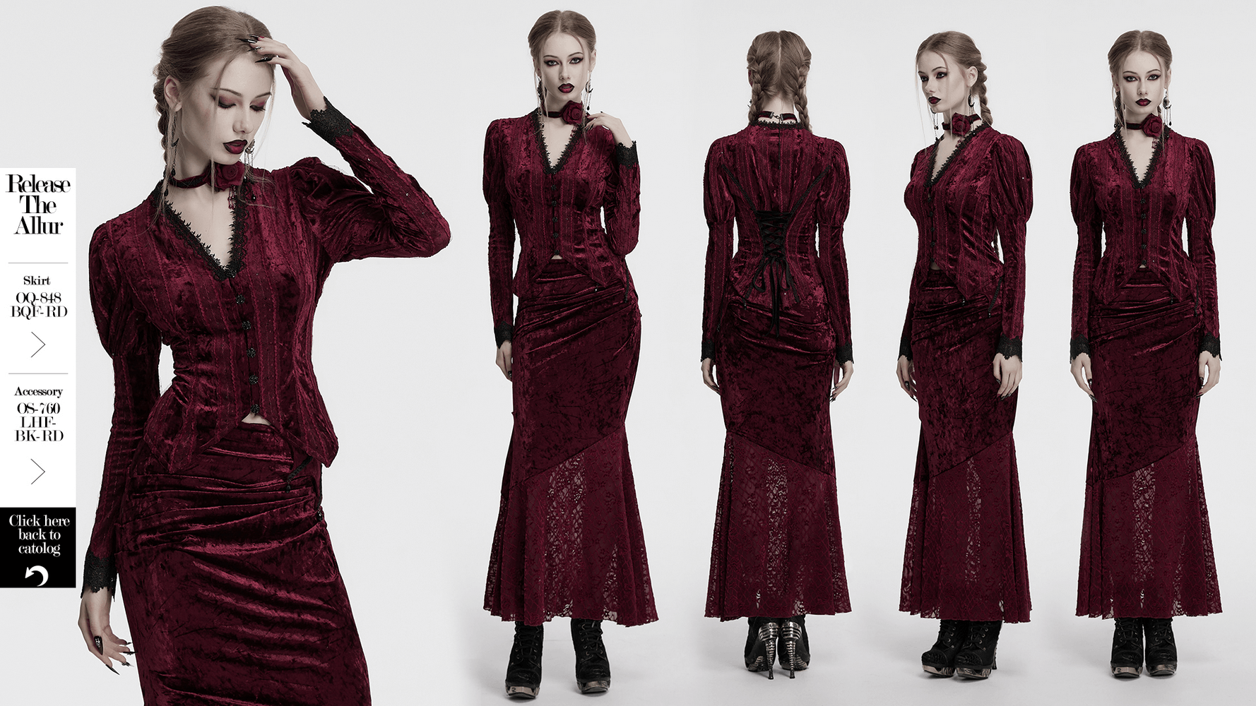 Victorian burgundy velvet shirt with gigot sleeves, lace trims, and gothic back lacing for a dramatic silhouette.