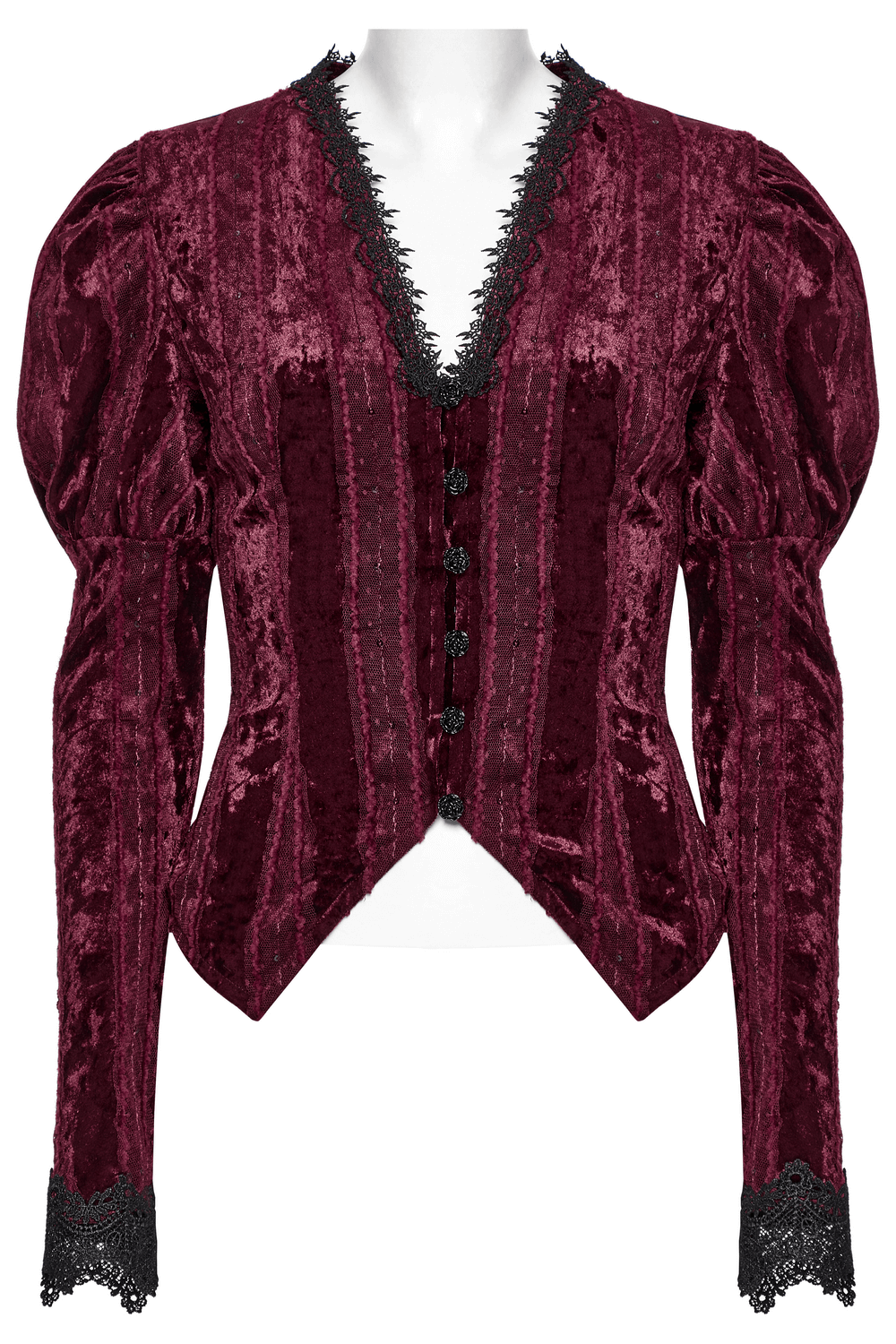 Victorian burgundy velvet shirt with gigot sleeves and lace trim, featuring a gothic back lacing and vintage elegance.