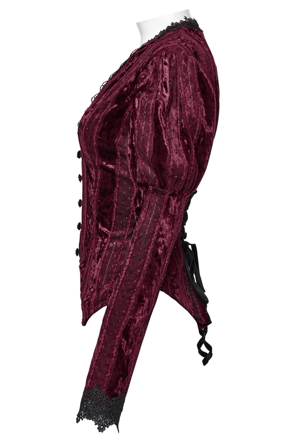 Victorian burgundy velvet shirt with gigot sleeves and lace-up back, showcasing a gothic-inspired design.