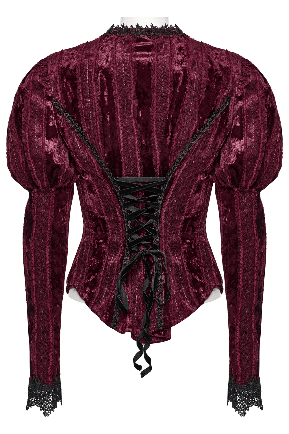 Victorian burgundy velvet shirt with gigot sleeves and lace-up back for a gothic inspired look.