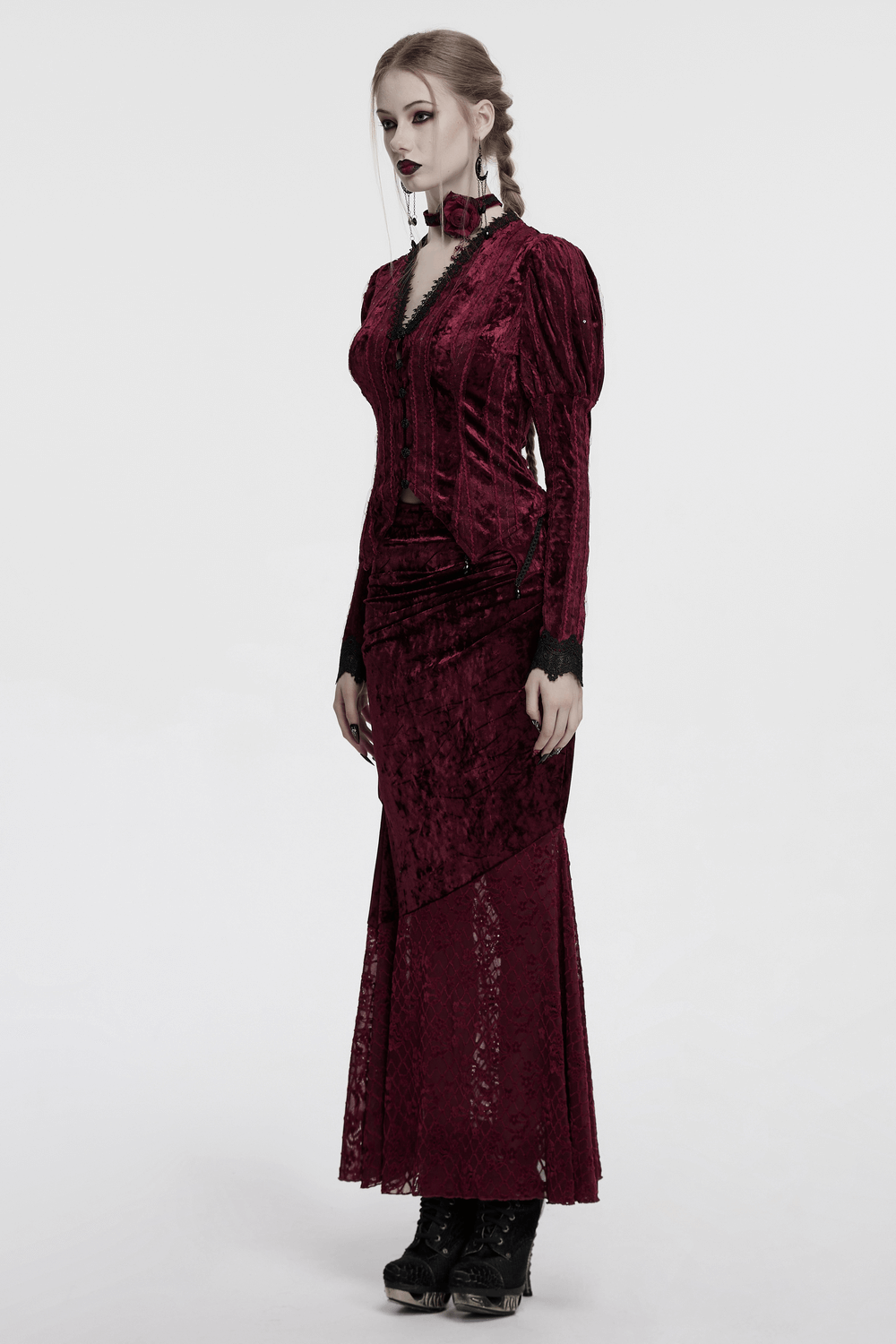 Victorian burgundy velvet shirt with gigot sleeves and lace trim for a gothic, elegant look.