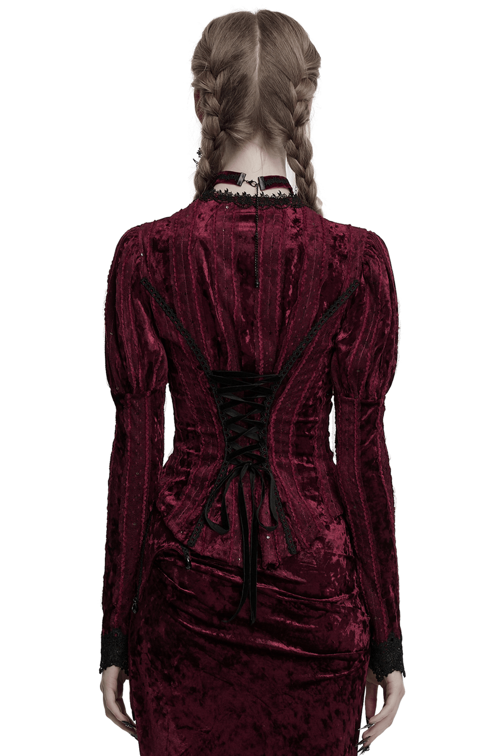 Back view of Victorian burgundy velvet shirt with gigot sleeves and gothic lace-up detailing.