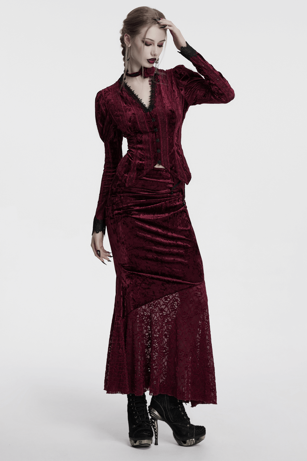 Victorian burgundy velvet shirt with gigot sleeves and lace trim, showcasing gothic elegance and dark romance.