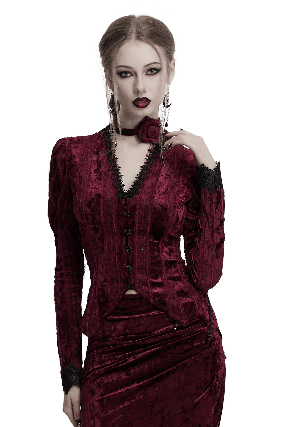 Victorian burgundy velvet shirt with gigot sleeves and lace trim, embodying gothic romance and elegance.