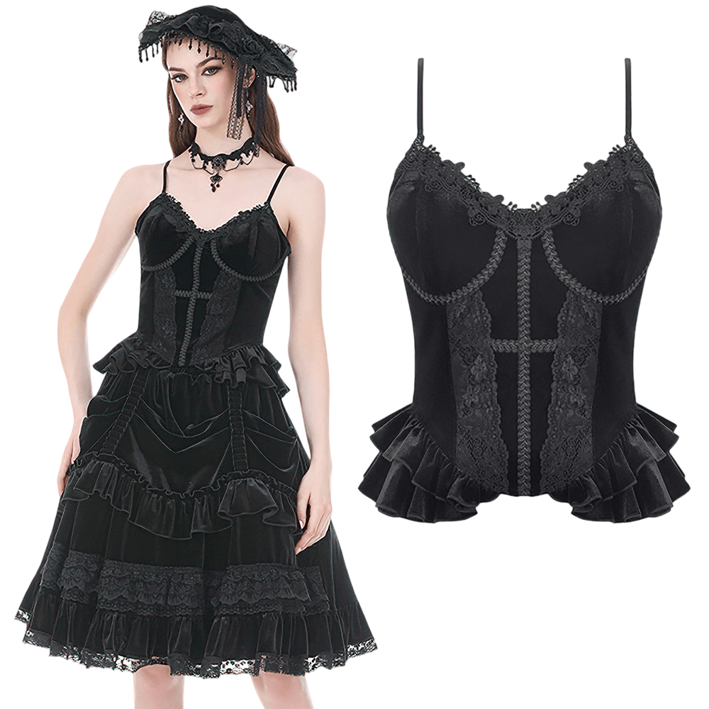 Victorian Dark Romance Spaghetti Strap Corset Top for Women displayed on a model in a black skirt and accessories.