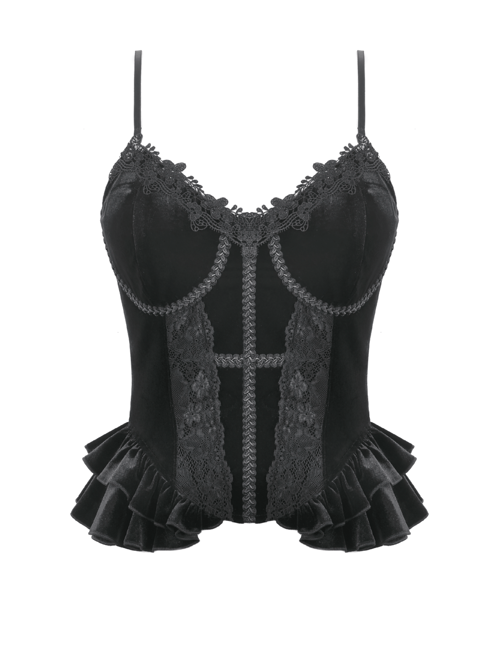 Victorian Dark Romance Spaghetti Strap Corset Top for Women featuring lace and ruffled details.