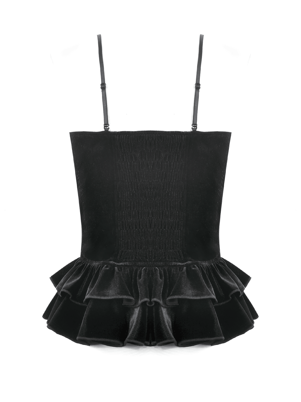 Victorian Dark Romance Spaghetti Strap Corset Top for Women featuring ruffled hem and sleek black design.