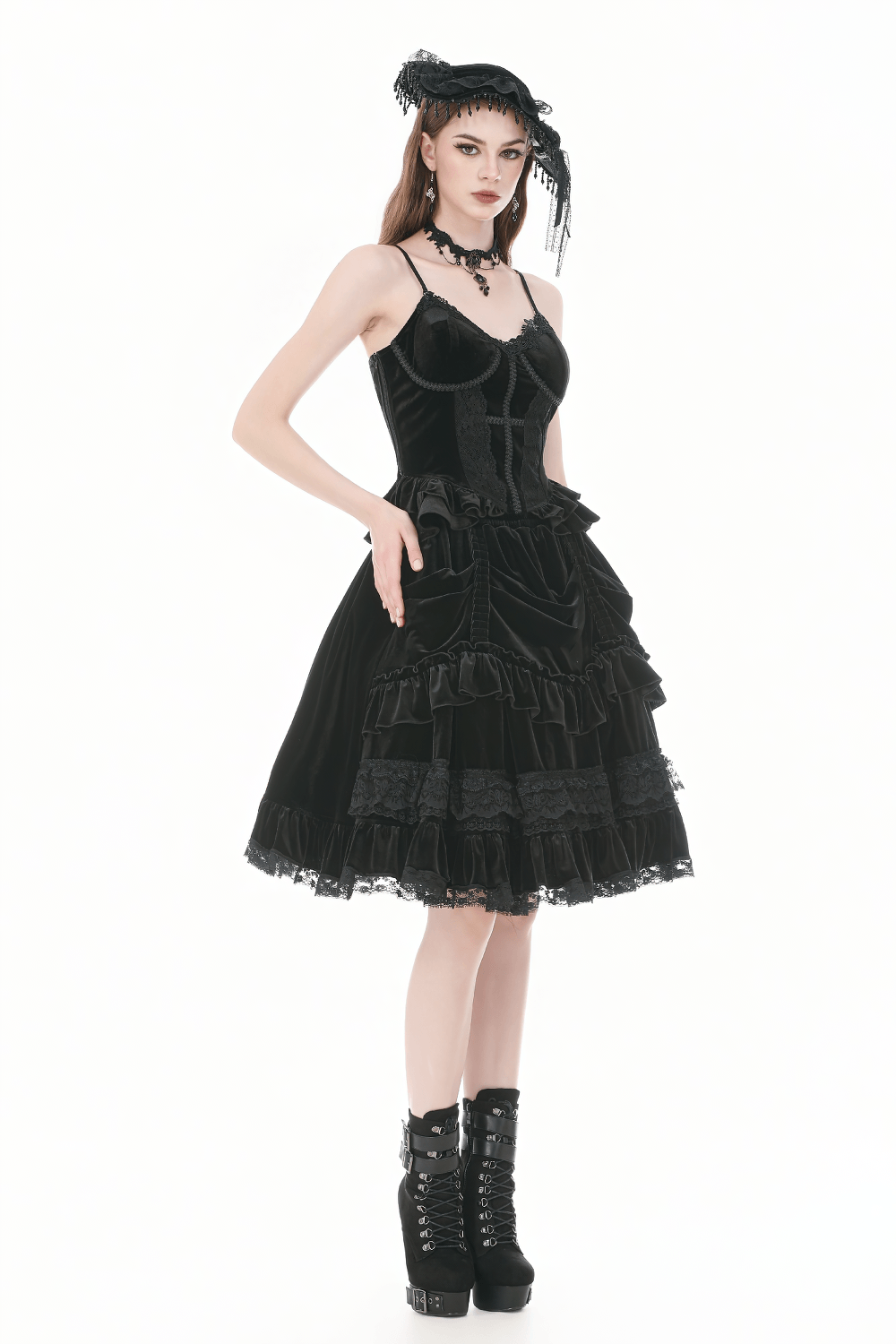 Victorian Dark Romance Spaghetti Strap Corset Top for Women displayed on a model with gothic accessories and black dress.