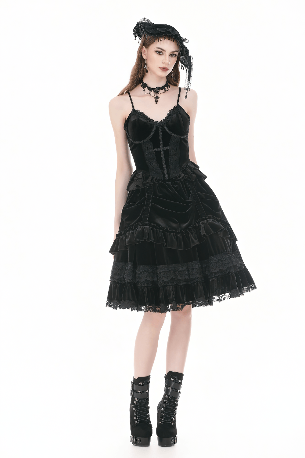 Victorian Dark Romance Spaghetti Strap Corset Top for Women worn with a layered black skirt and edgy boots.