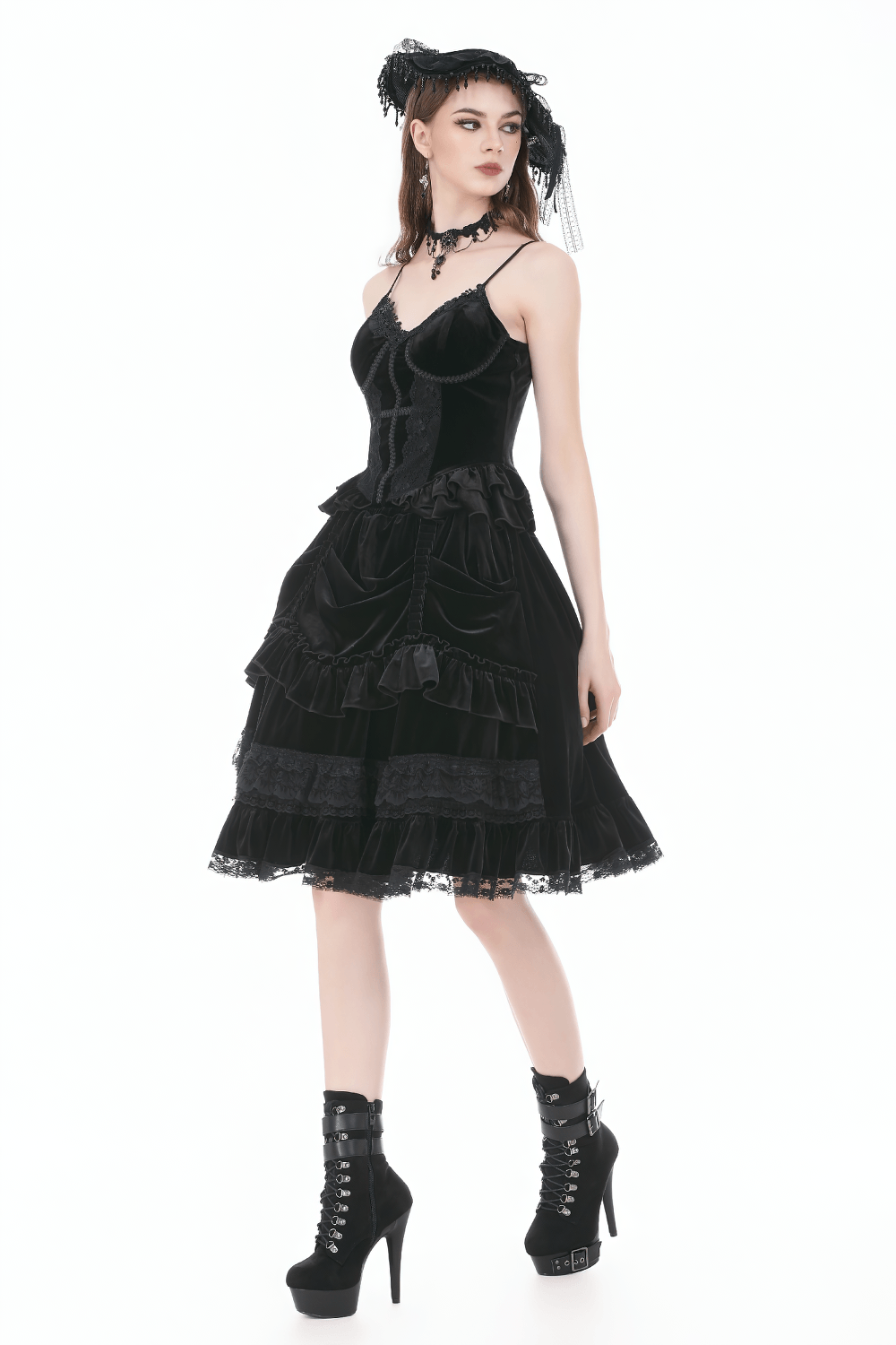 Victorian Dark Romance Spaghetti Strap Corset Top for Women with layered black skirt and high-heeled boots.