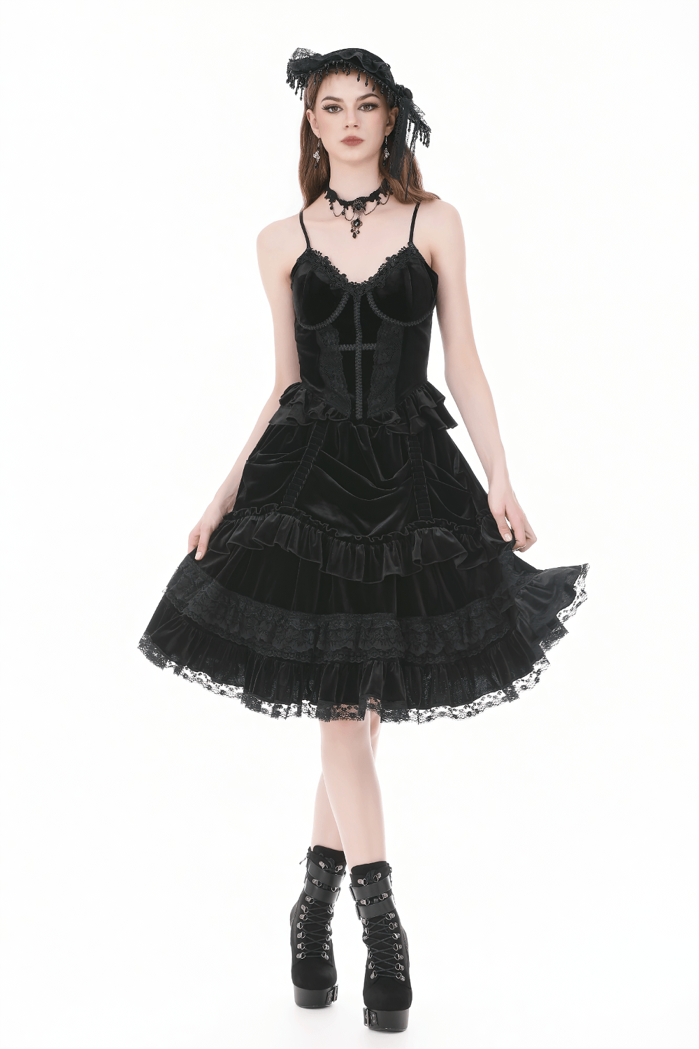 Victorian Dark Romance Spaghetti Strap Corset Top for Women worn with a black skirt and stylish accessories.