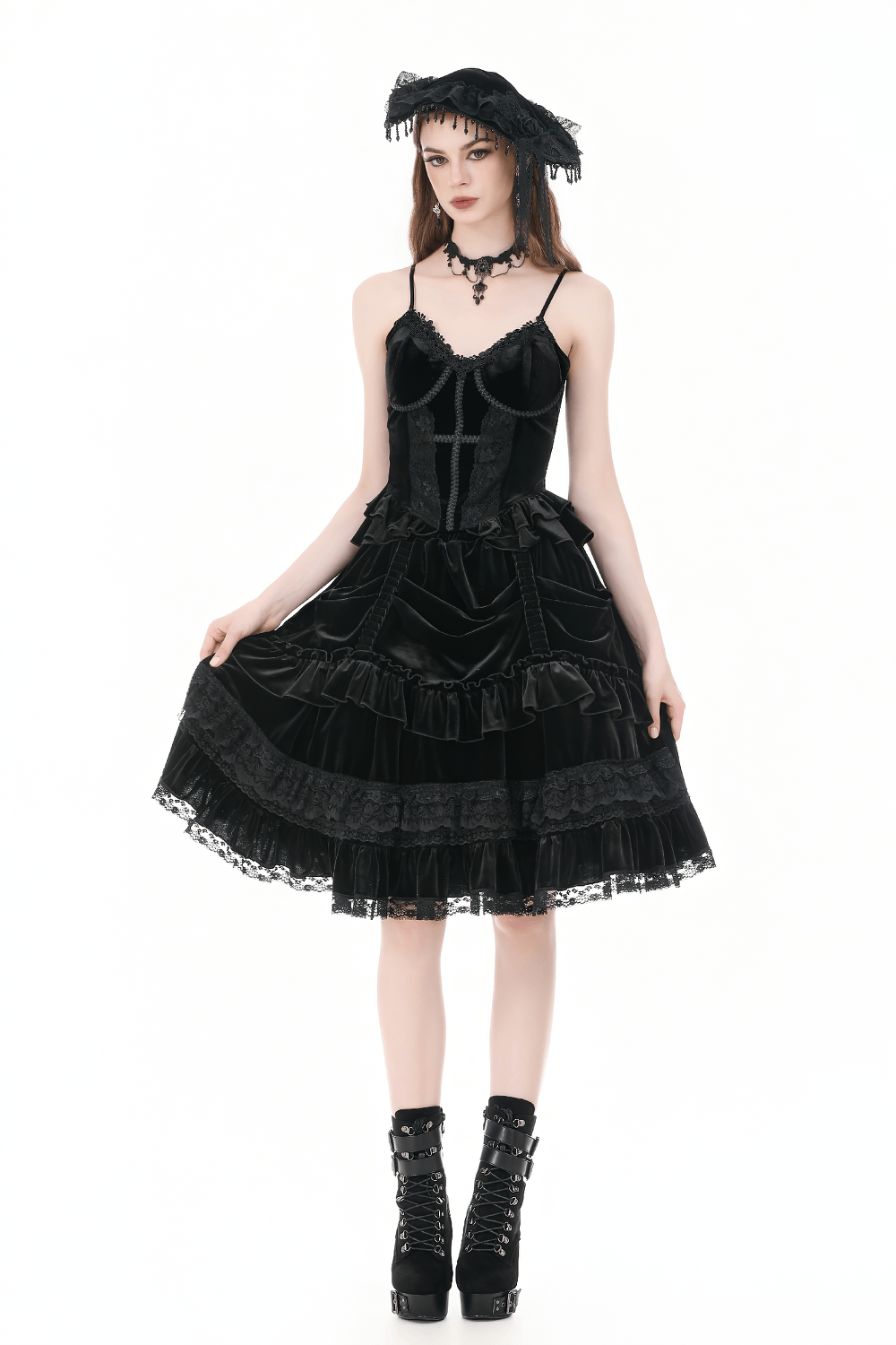 Victorian Dark Romance Spaghetti Strap Corset Top for Women worn by a model in a black velvet dress with lace details.
