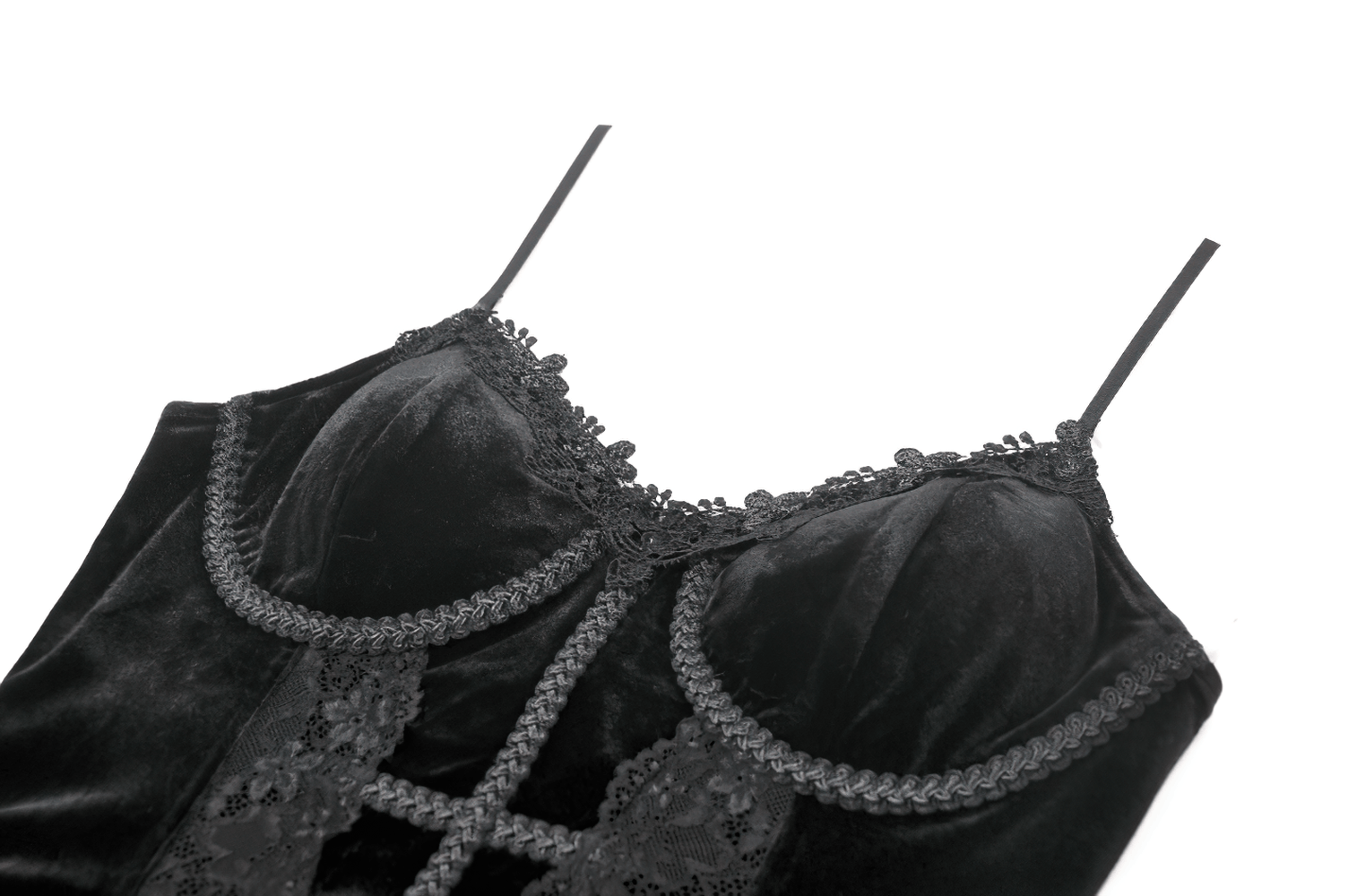 Victorian Dark Romance Spaghetti Strap Corset Top for Women with lace detailing in black velvet.