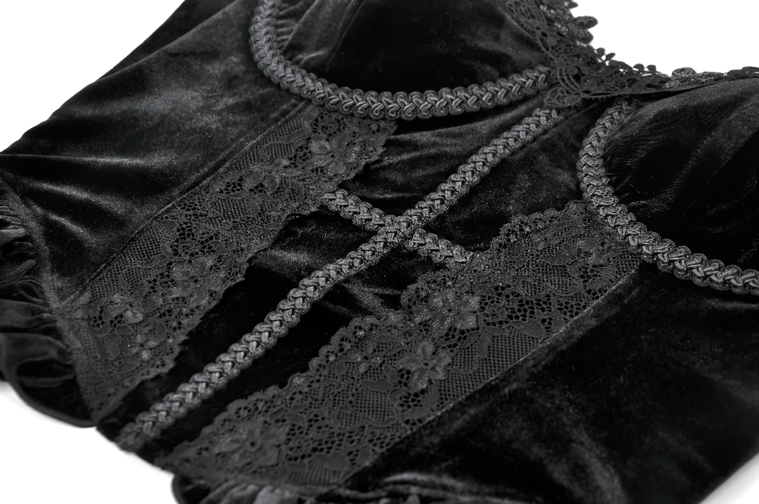 Victorian Dark Romance Spaghetti Strap Corset Top for Women in elegant black velvet with intricate lace details.