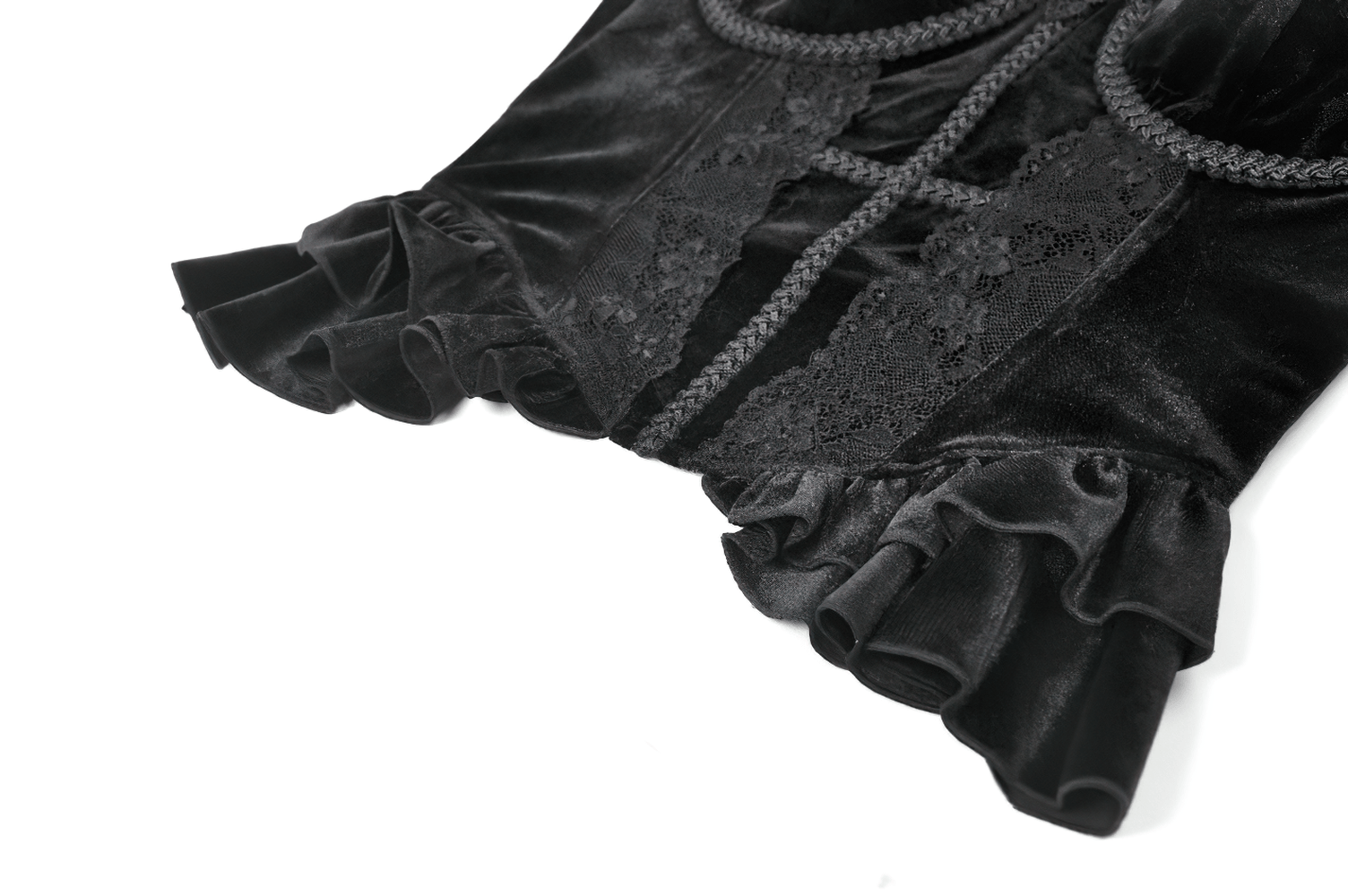 Victorian Dark Romance Spaghetti Strap Corset Top for Women in black velvet with lace details and ruffled edges.