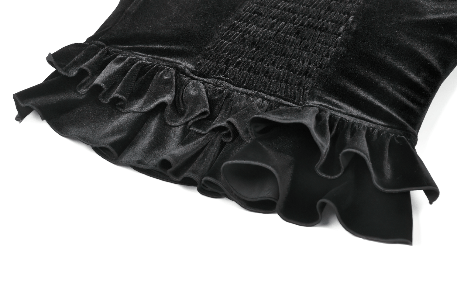 Victorian Dark Romance Spaghetti Strap Corset Top for Women with ruffled edges and soft velvet fabric