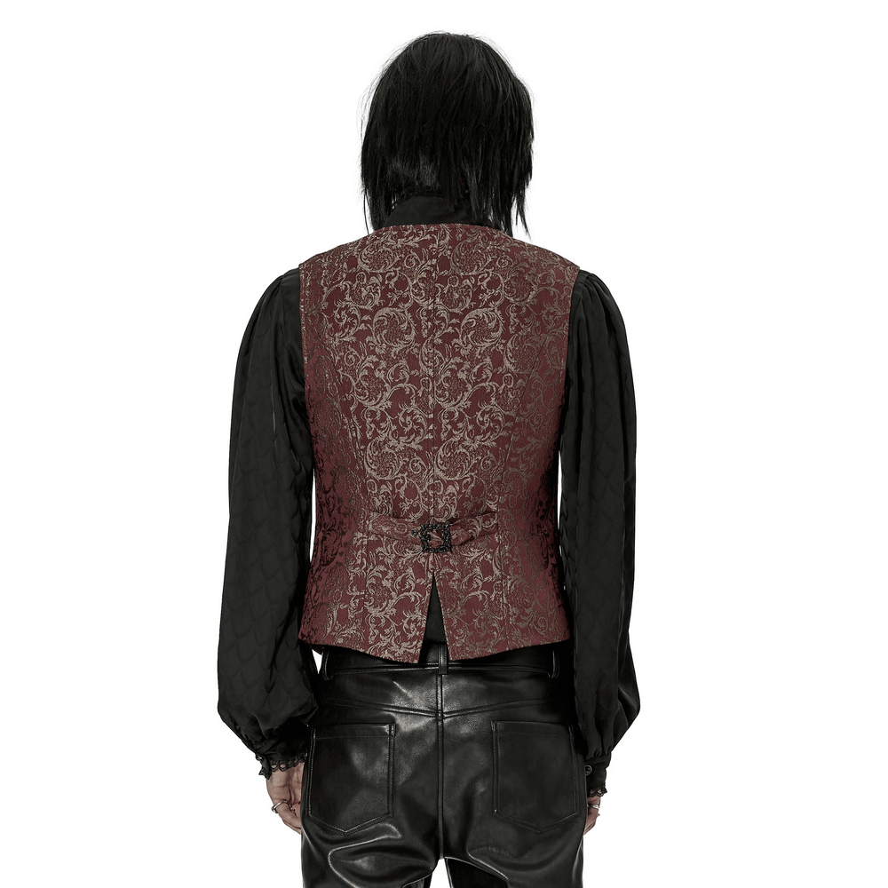Back view of Victorian Elegance Jacquard Goth Waistcoat showcasing intricate fabric and vintage hand-sewn buttons.