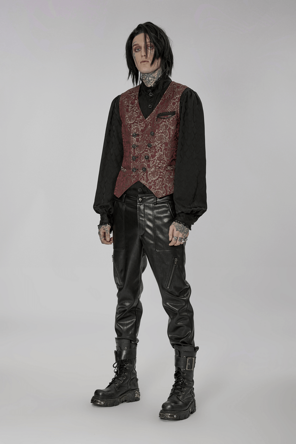 Victorian Elegance Jacquard Goth Waistcoat worn with black pants and boots, showcasing vintage style and edgy fashion.
