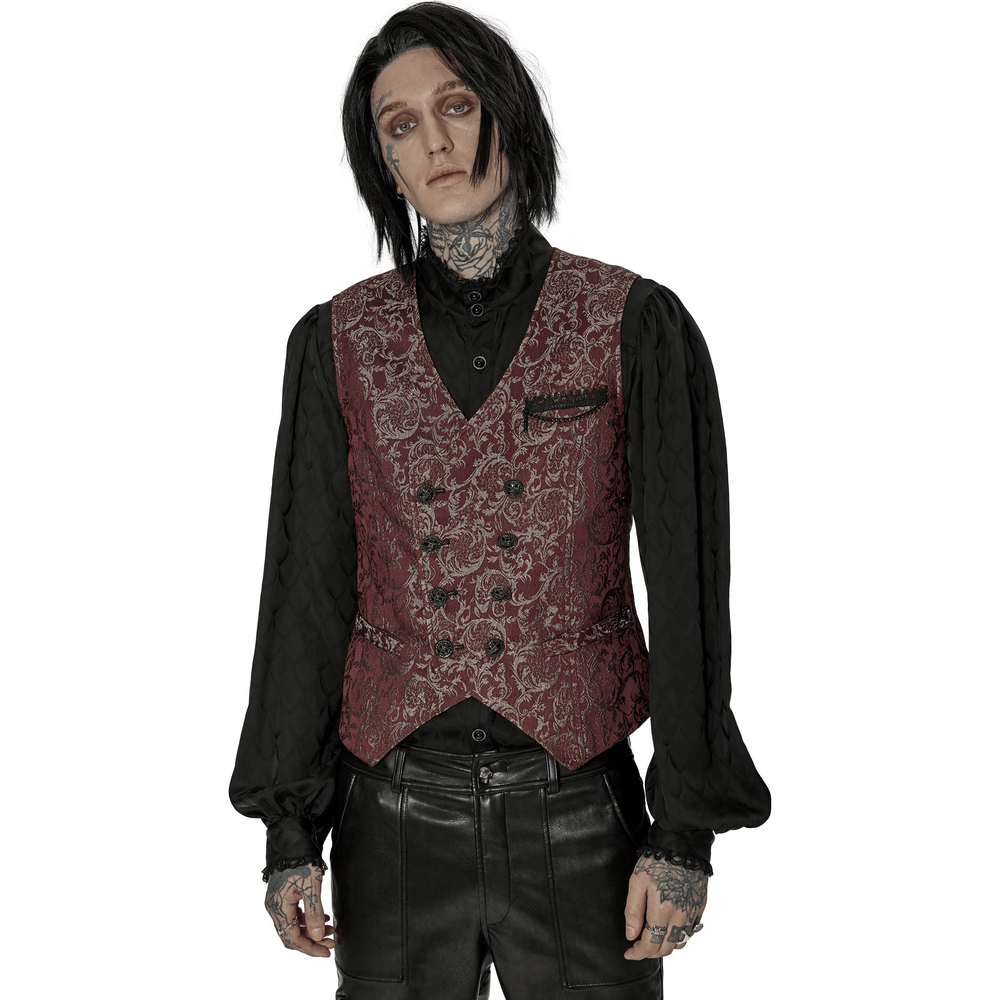 Victorian Elegance Jacquard Goth Waistcoat with Buttons styled on model, featuring deep red fabric and intricate patterns.