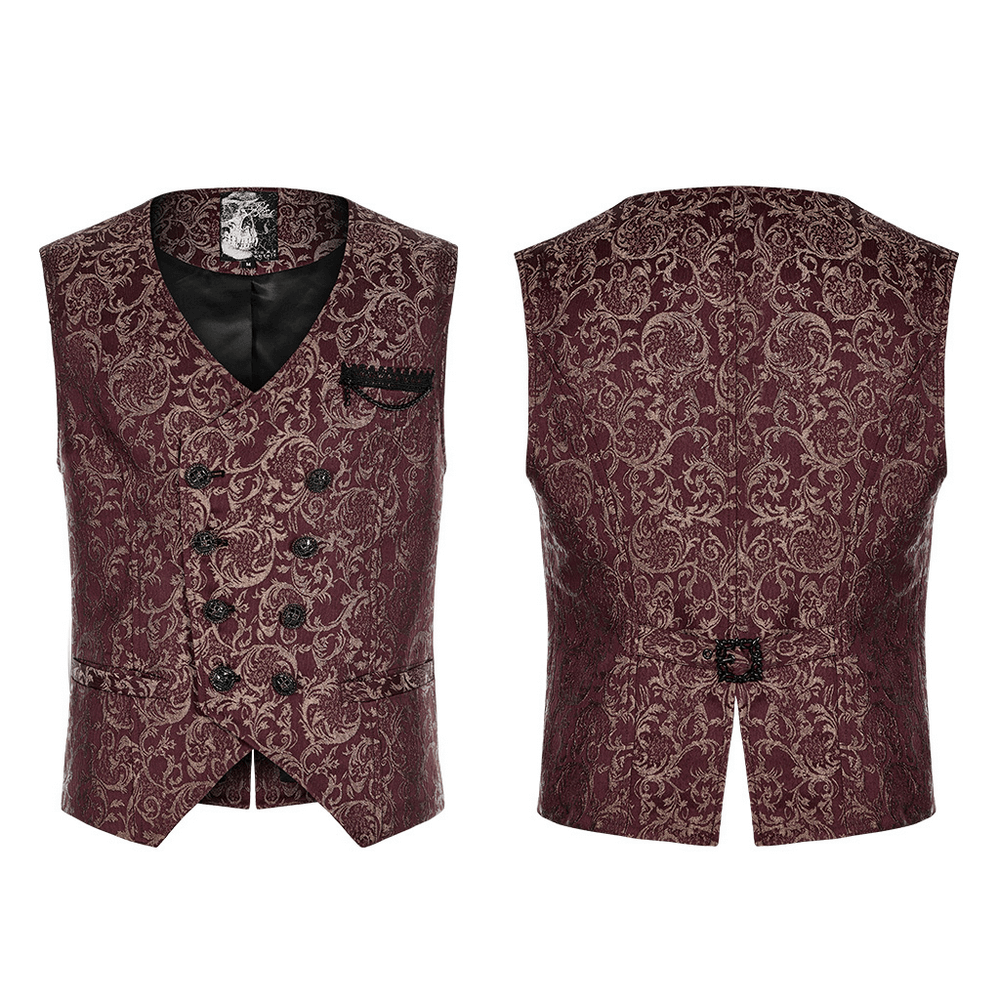 Victorian Jacquard Goth Waistcoat with buttons, featuring a detailed 3D pattern and tailored fit.