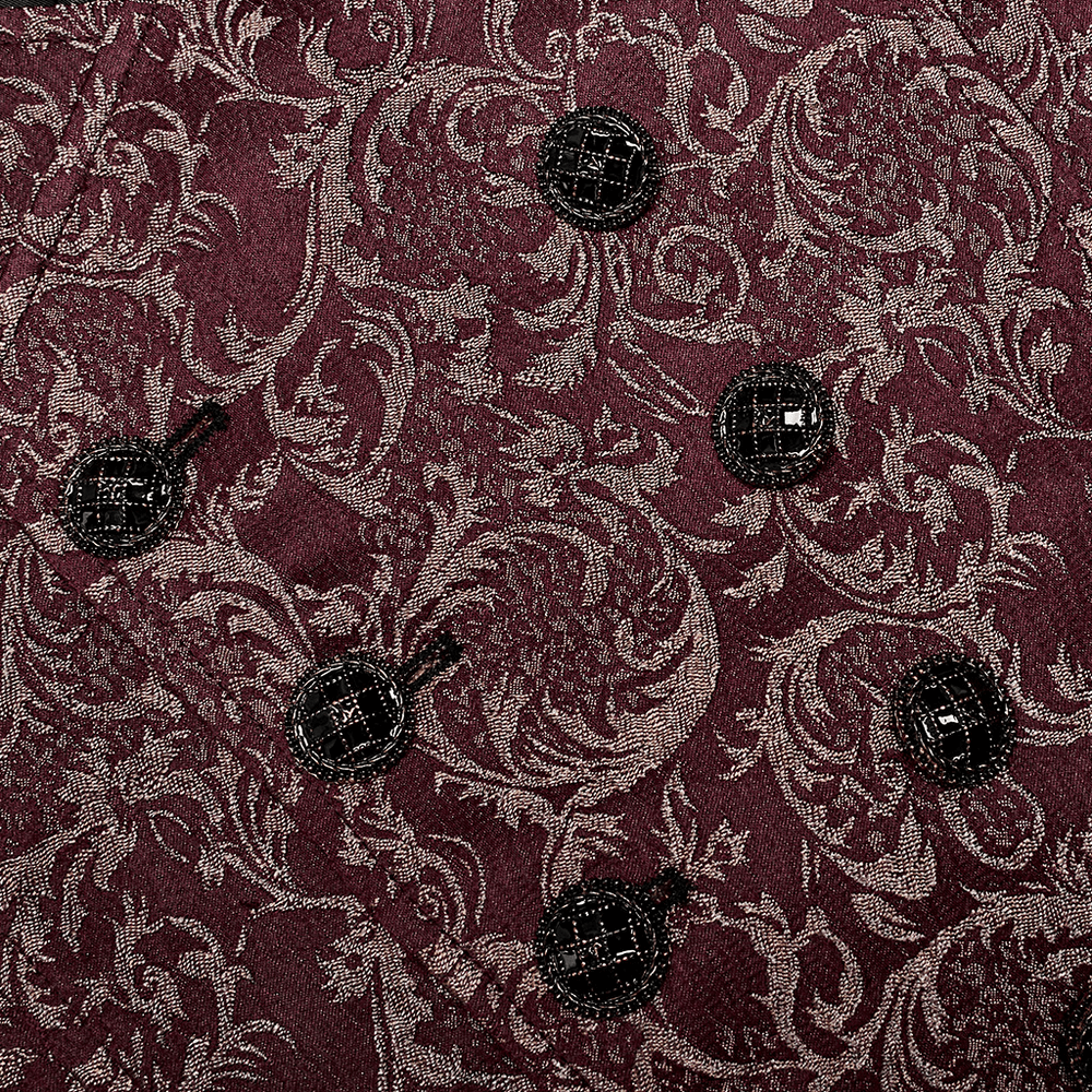 Intricate burgundy jacquard fabric with vintage black buttons, showcasing classic Gothic style.