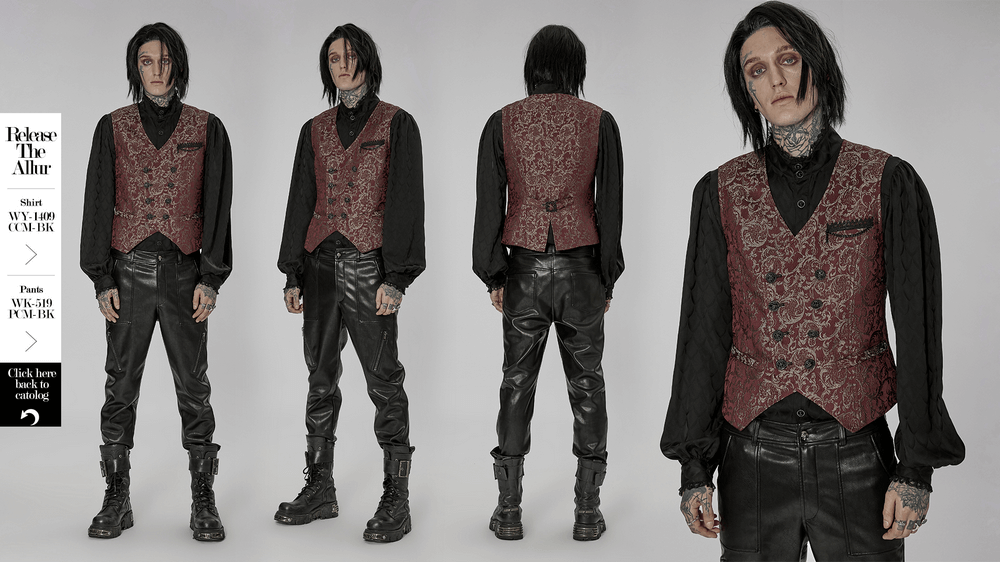 Victorian elegance Goth waistcoat in jacquard fabric, featuring hand-sewn buttons, styled with leather pants and boots.