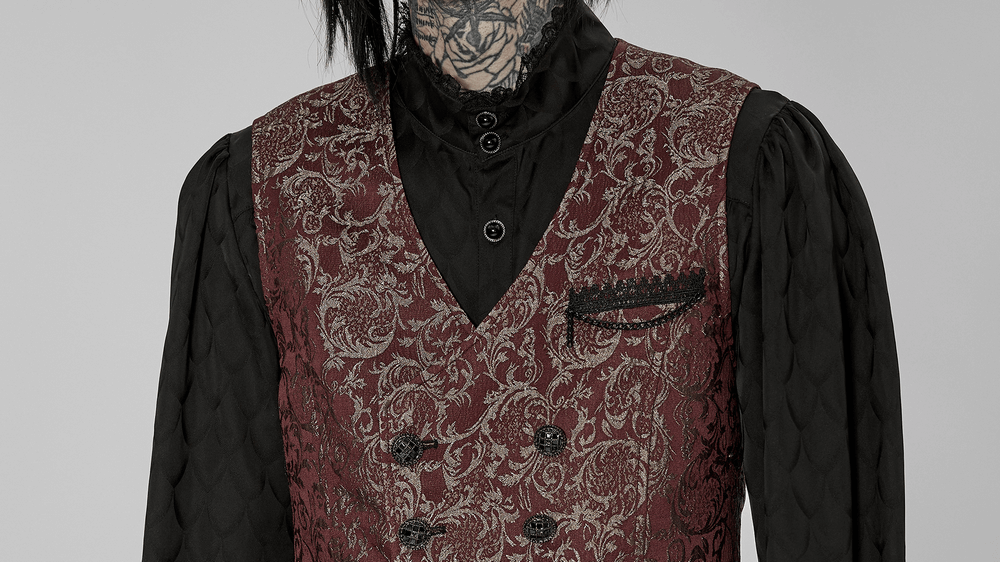 Victorian Elegance Jacquard Goth Waistcoat featuring intricate fabric and vintage buttons, perfect for both casual and formal looks.